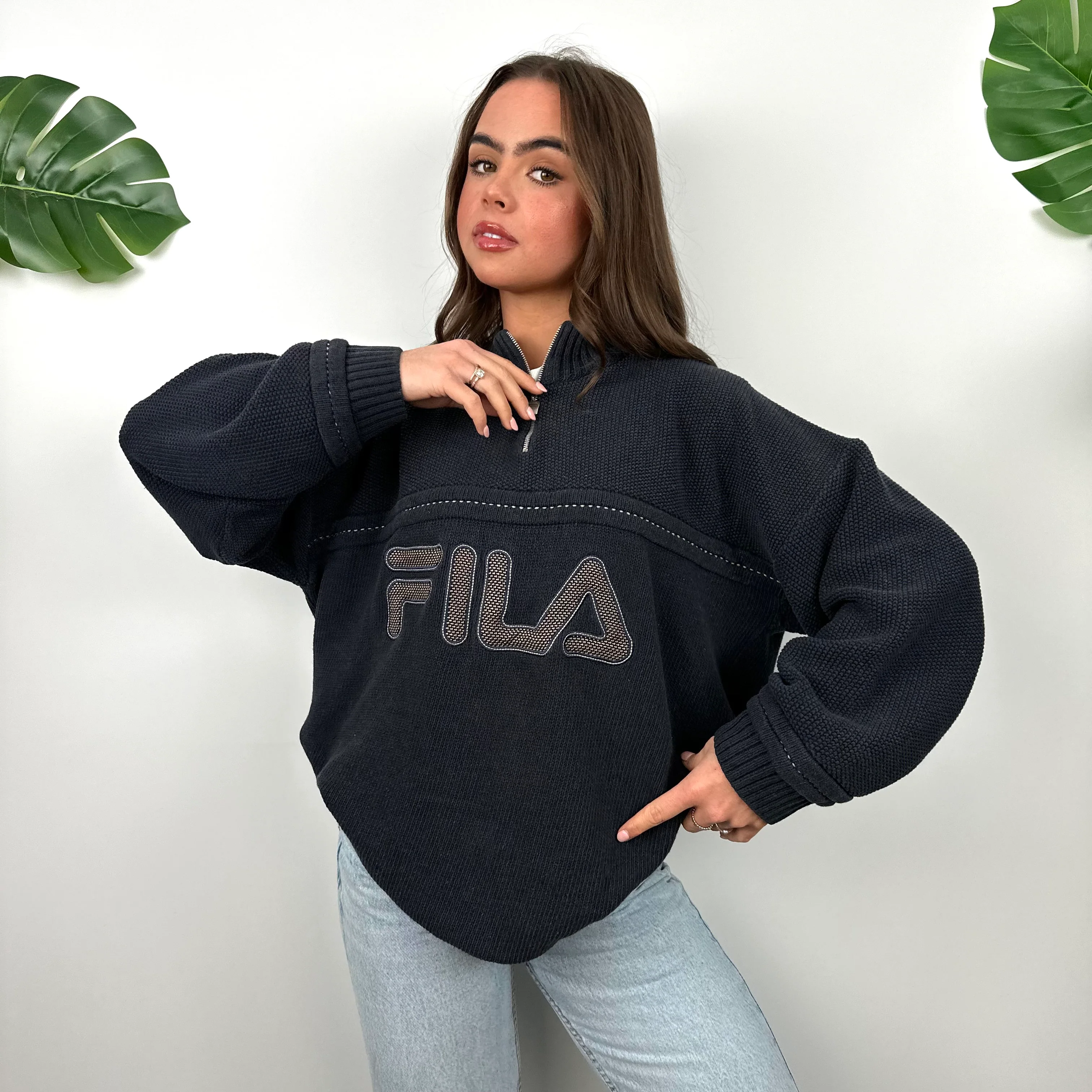 FILA Embroidered Spell Out Quarter Zip Knitted Sweater (M) - Image 2