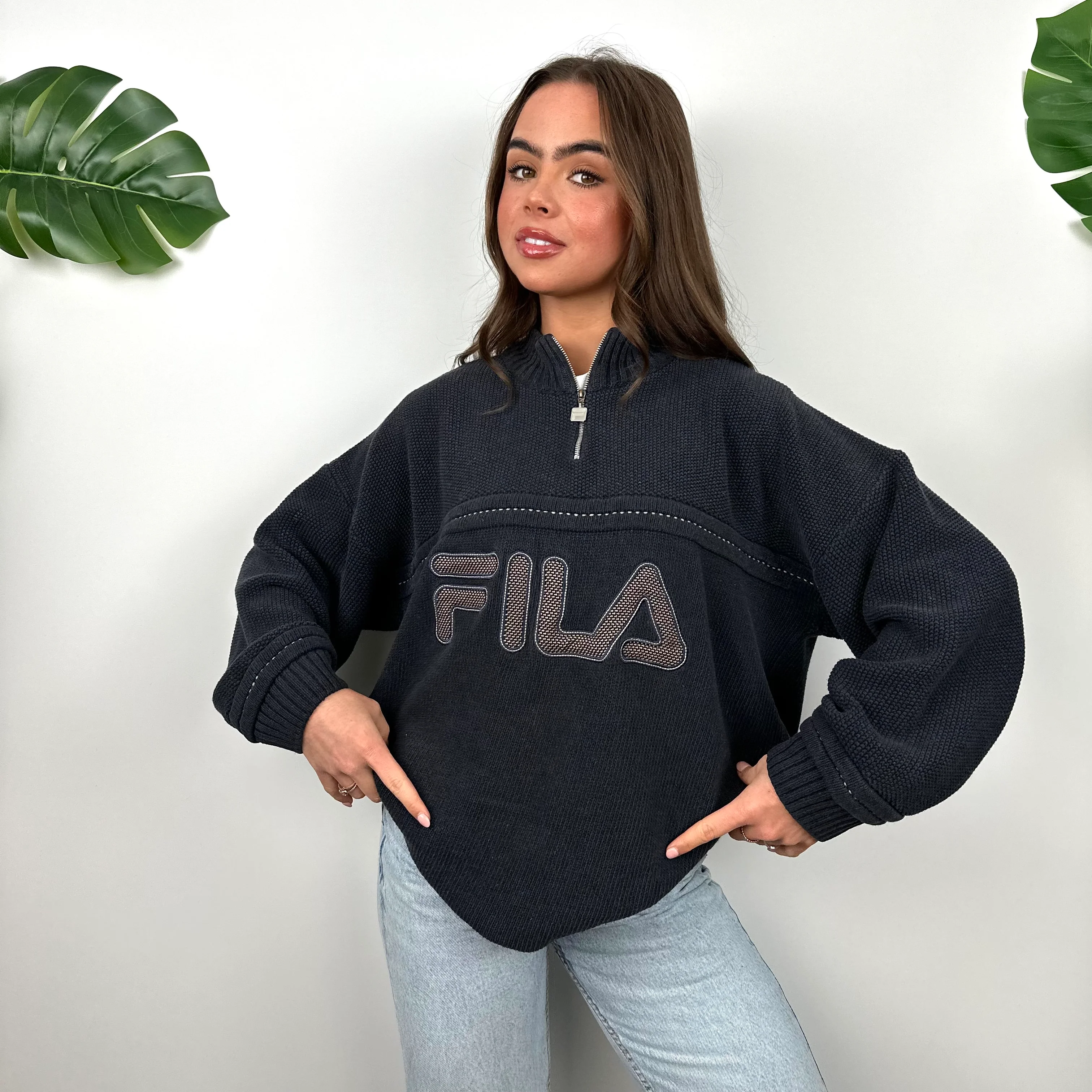 FILA Embroidered Spell Out Quarter Zip Knitted Sweater (M) - Image 4
