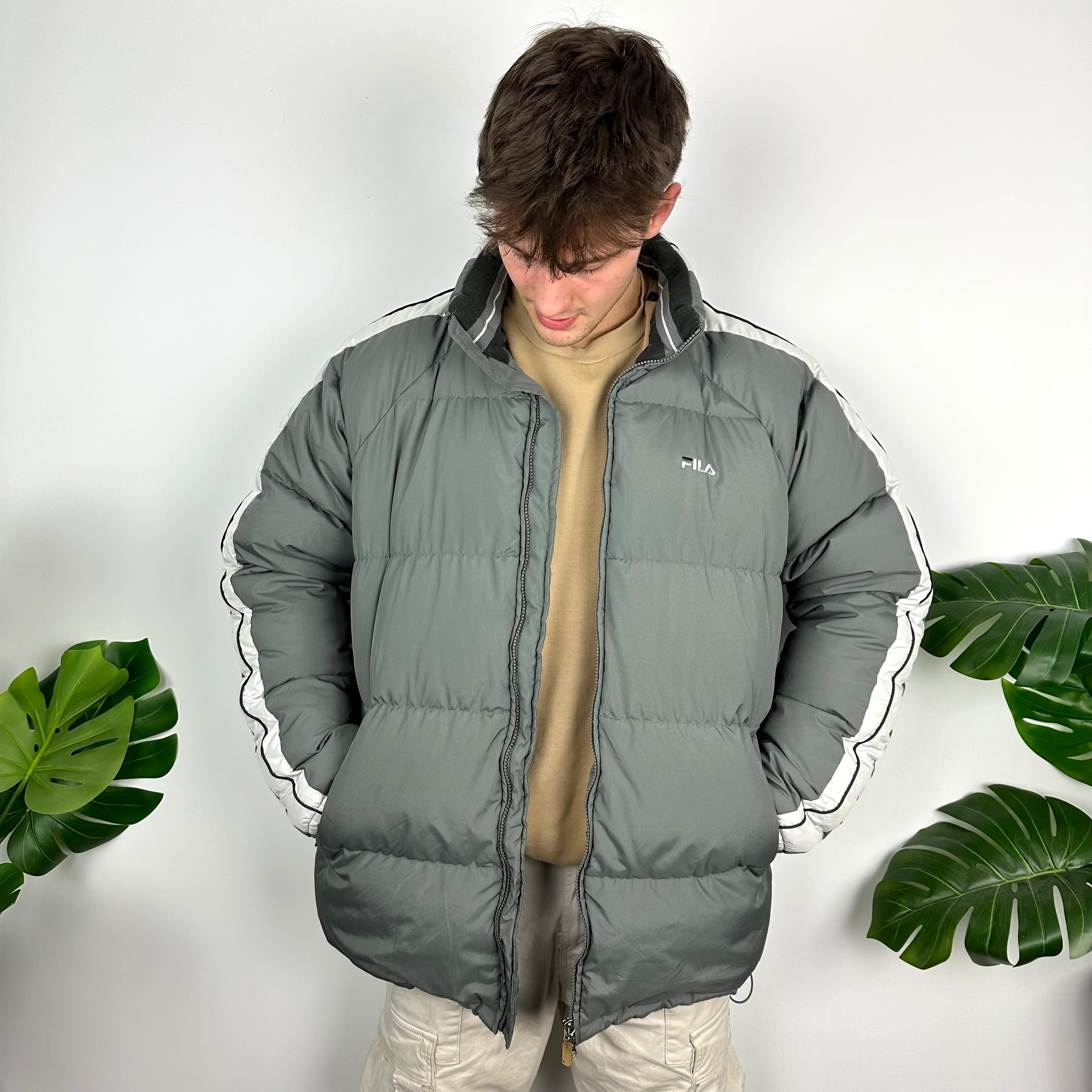 FILA Grey Embroidered Spell Out Puffer Jacket (XL) - Image 7