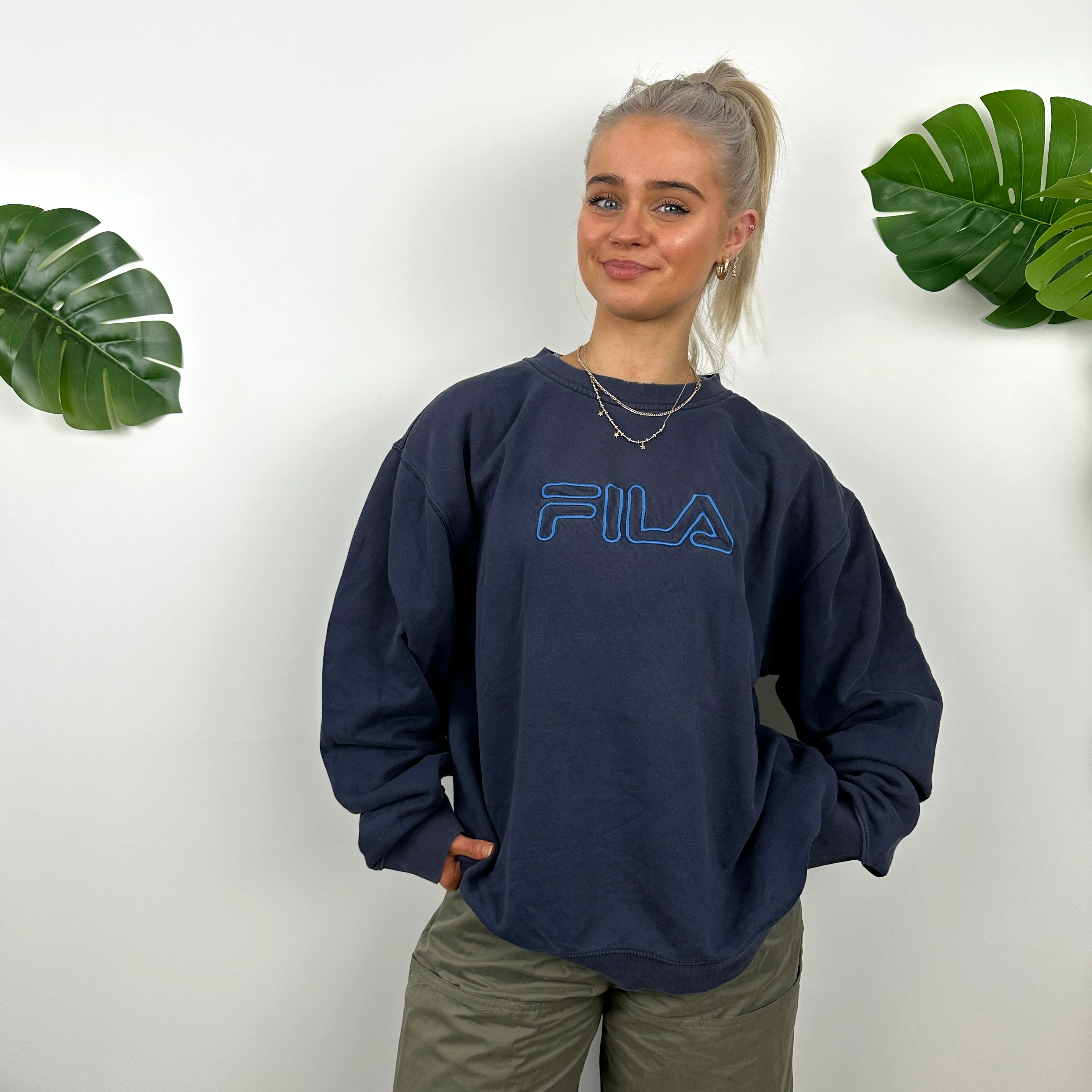 FILA Navy Embroidered Spell Out Sweatshirt (M) - Image 2