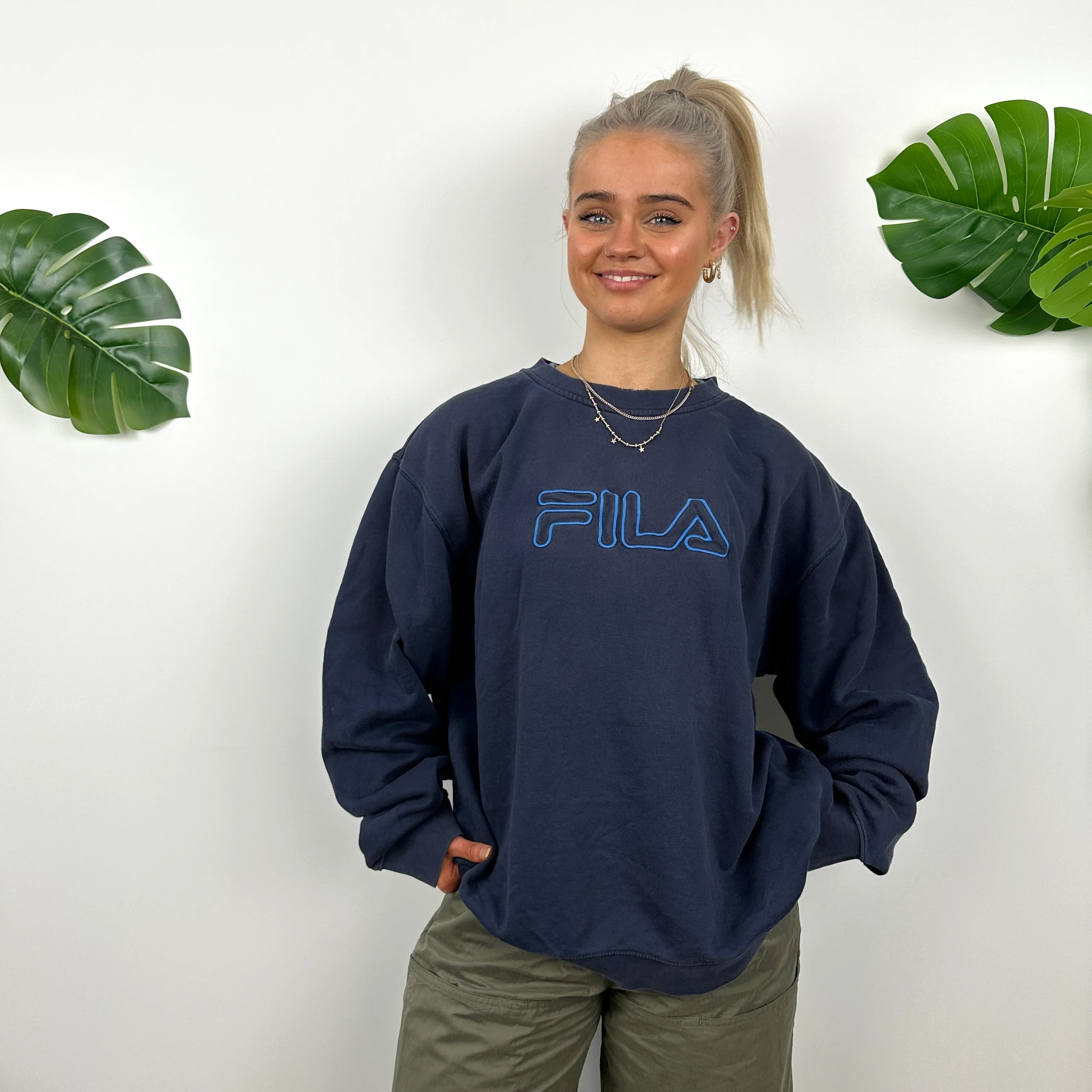 FILA Navy Embroidered Spell Out Sweatshirt (M) - Image 3