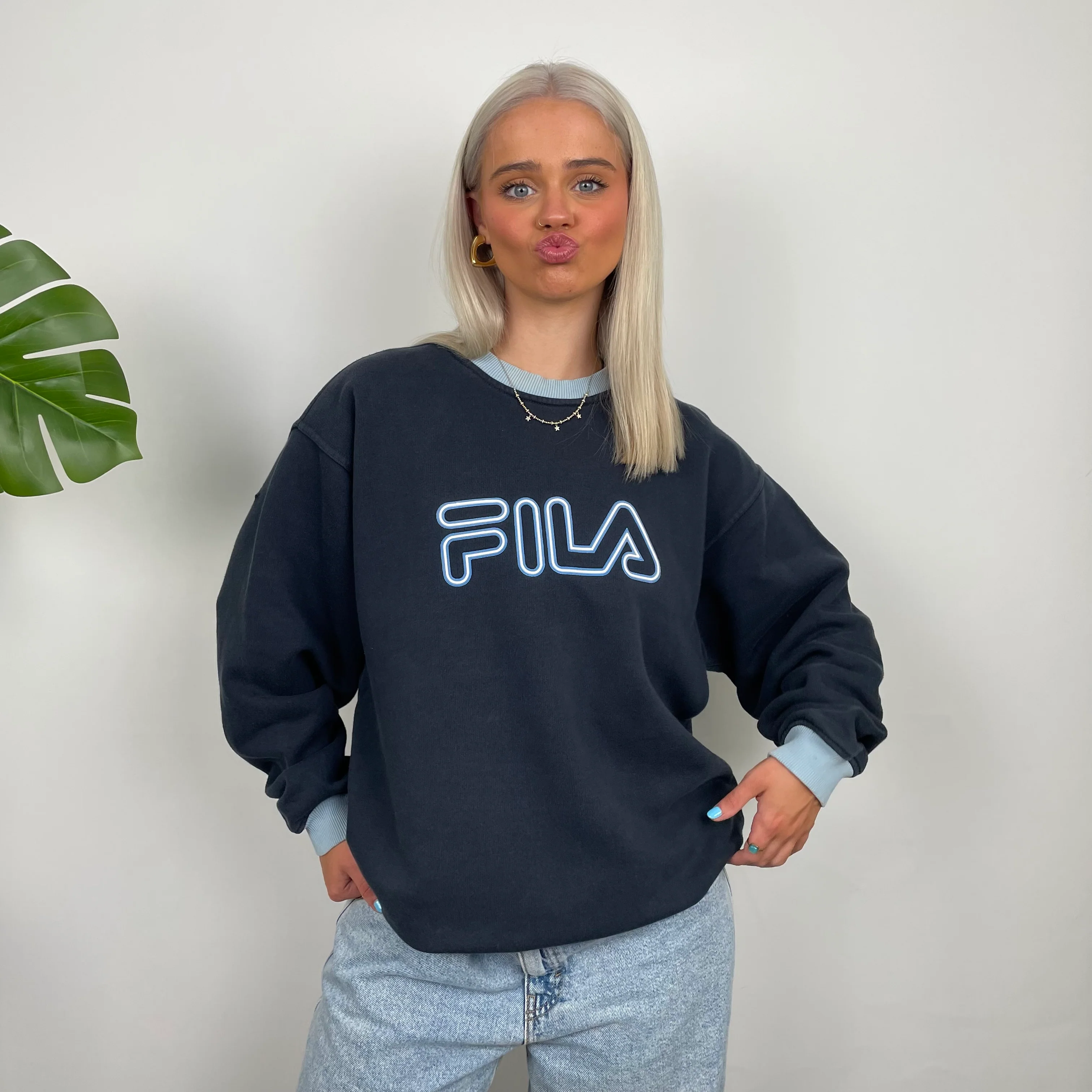 FILA Navy Embroidered Spell Out Sweatshirt (M) - Image 2