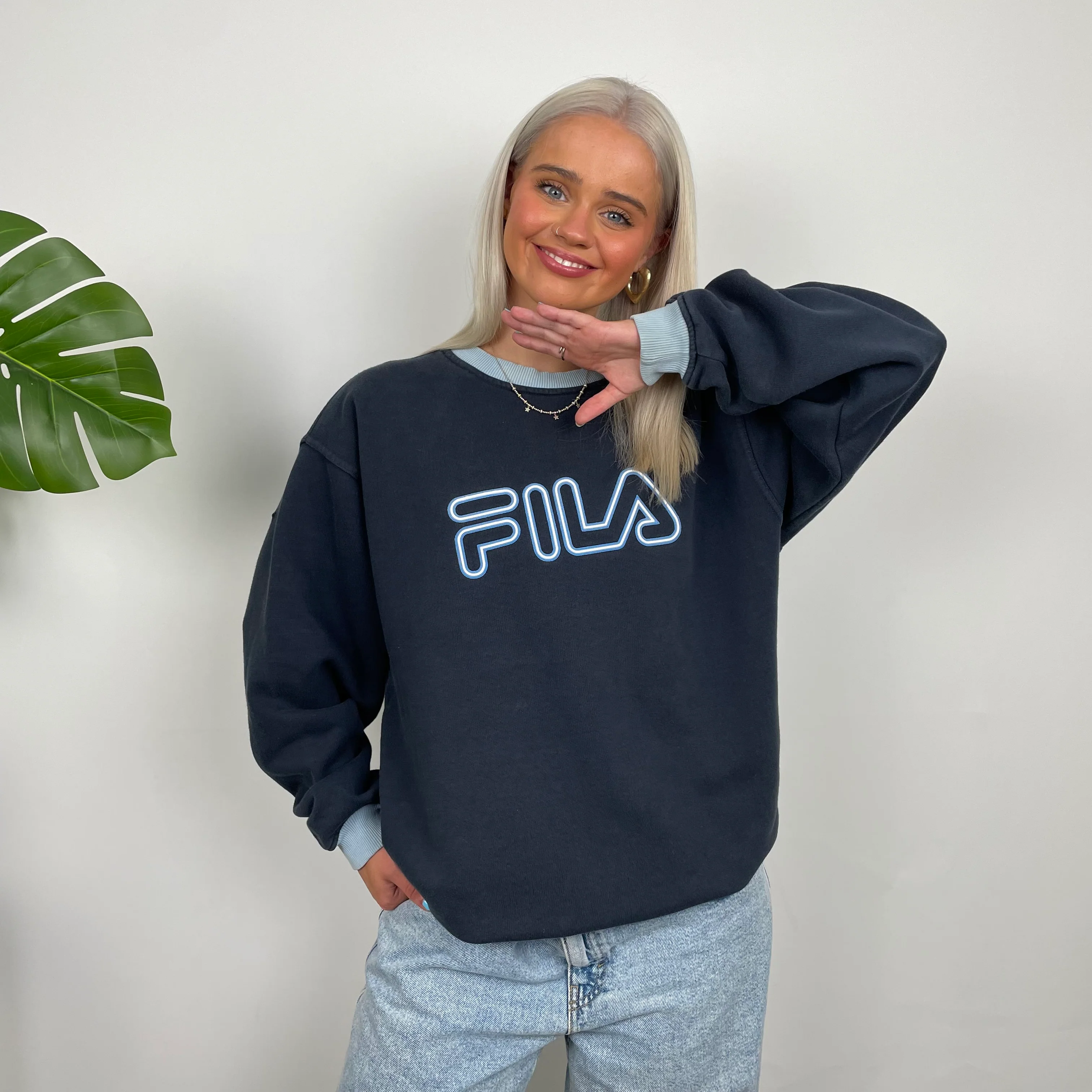FILA Navy Embroidered Spell Out Sweatshirt (M) - Image 3