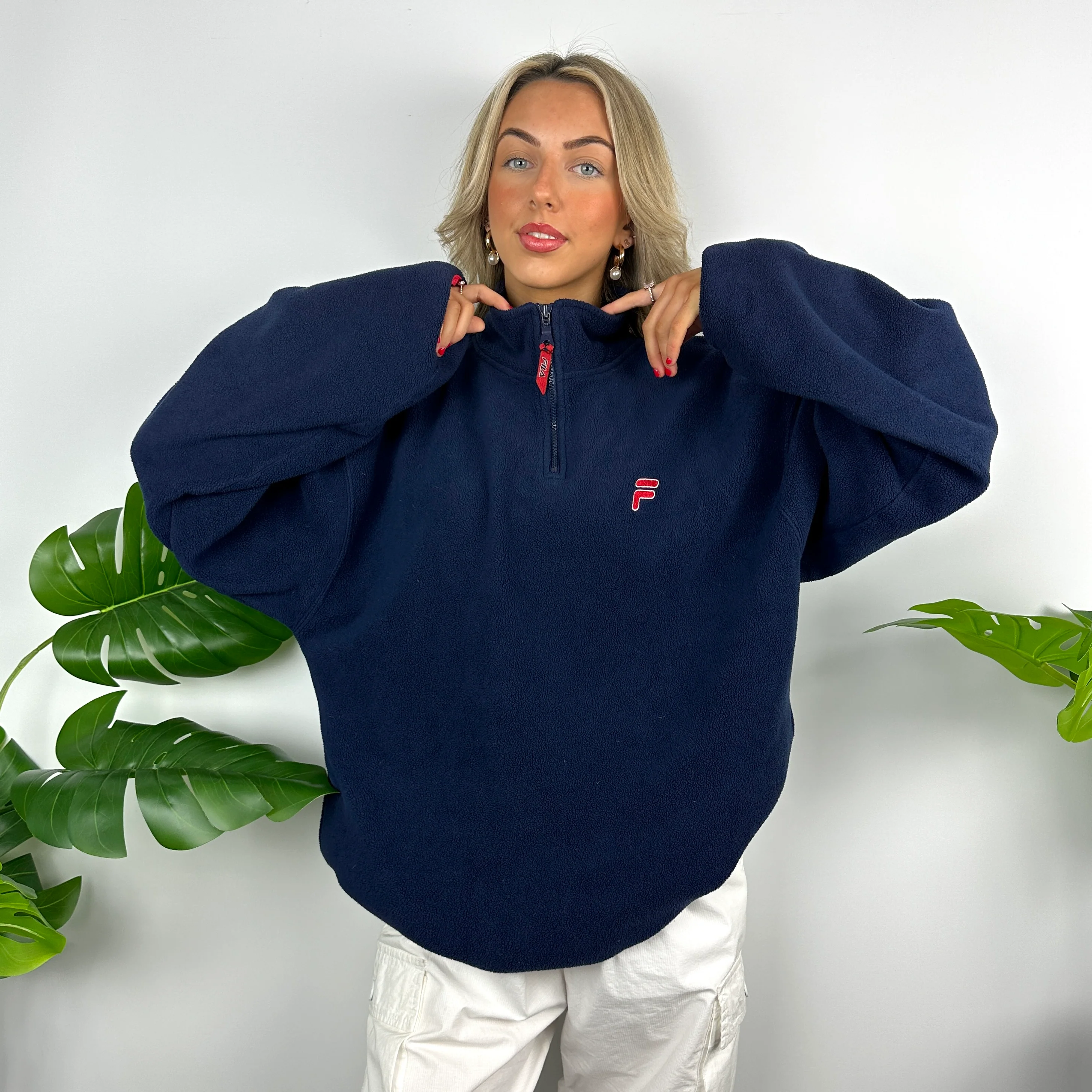 FILA Navy Embroidered Spell Out Teddy Bear Fleece Quarter Zip Sweatshirt (L) - Image 3
