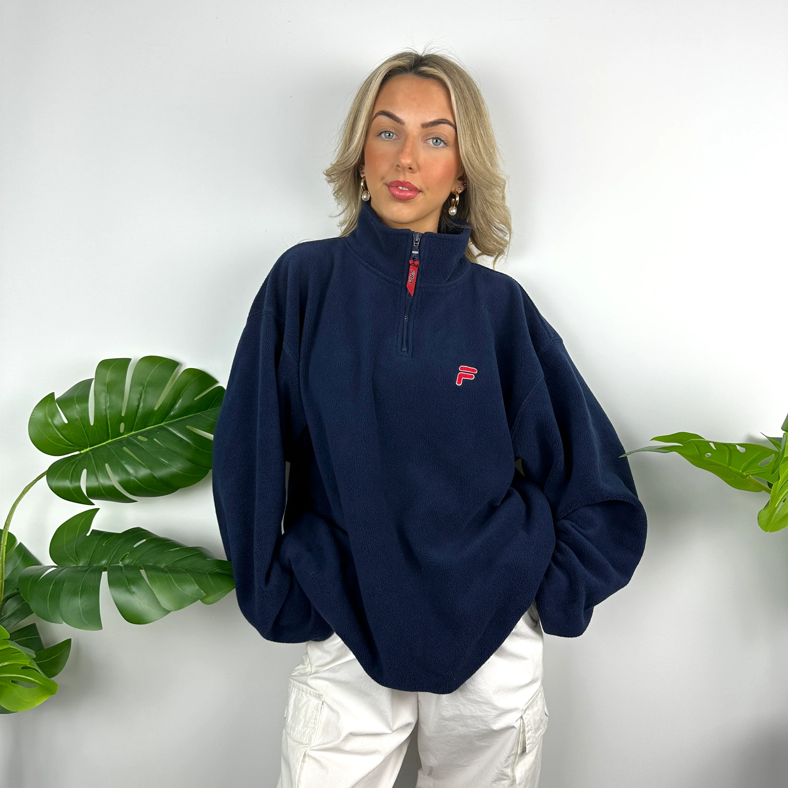 FILA Navy Embroidered Spell Out Teddy Bear Fleece Quarter Zip Sweatshirt (L) - Image 4