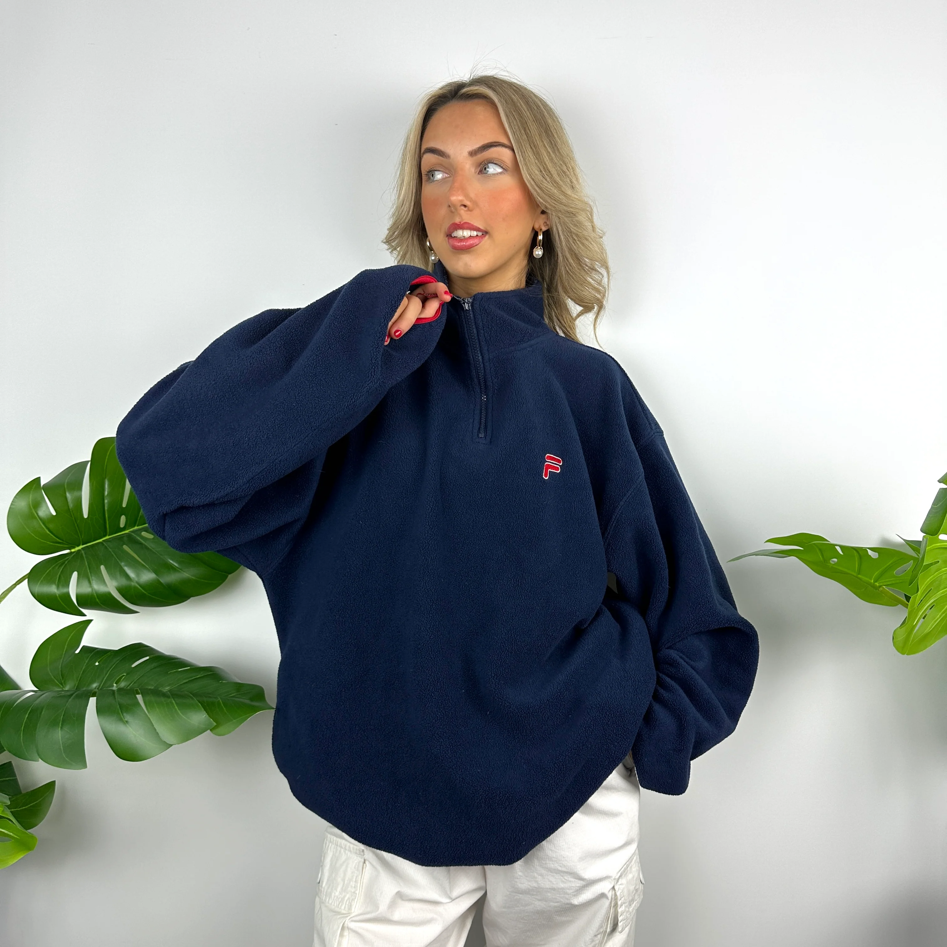 FILA Navy Embroidered Spell Out Teddy Bear Fleece Quarter Zip Sweatshirt (L) - Image 5
