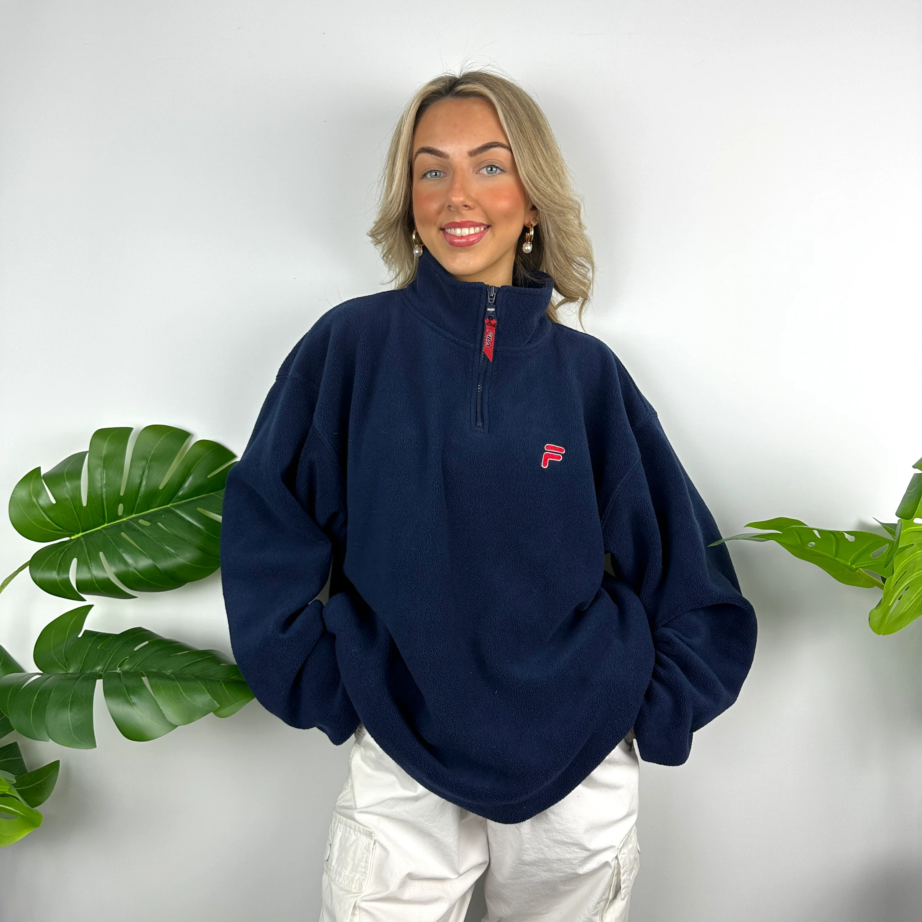 FILA Navy Embroidered Spell Out Teddy Bear Fleece Quarter Zip Sweatshirt (L) - Image 6