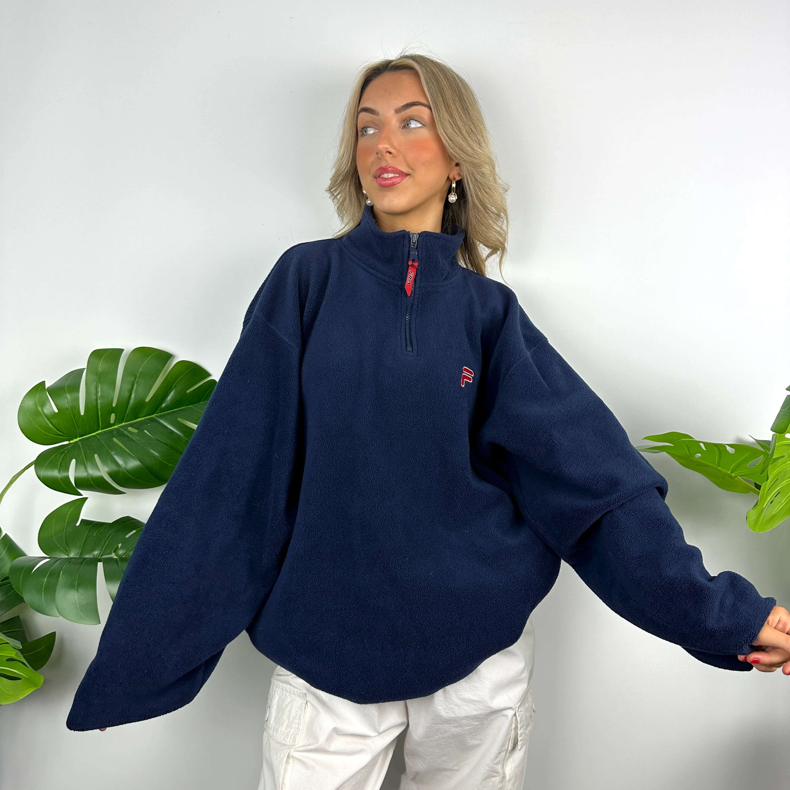 FILA Navy Embroidered Spell Out Teddy Bear Fleece Quarter Zip Sweatshirt (L) - Image 7