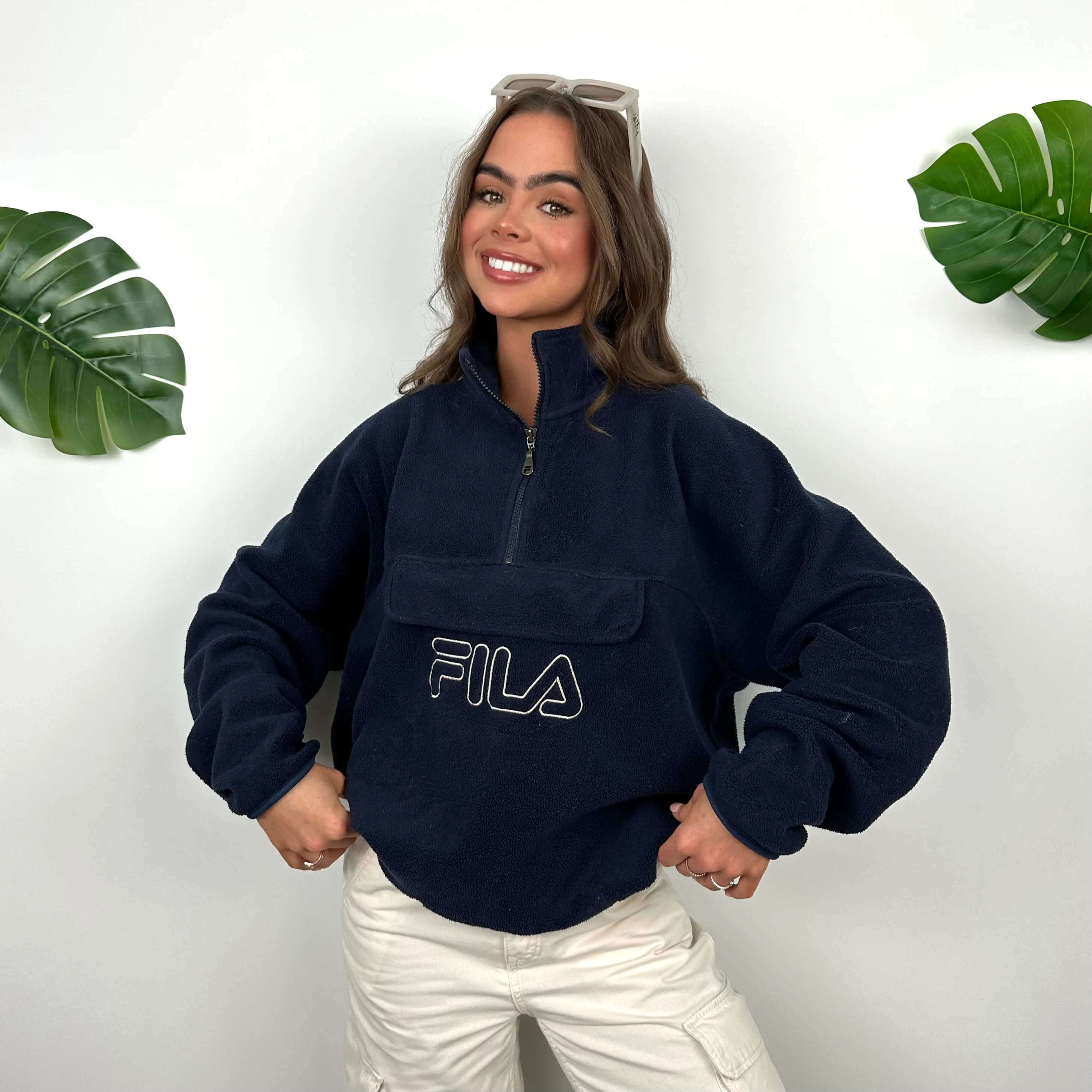 FILA Navy Embroidered Spell Out Teddy Bear Fleece Quarter Zip Sweatshirt (S) - Image 5