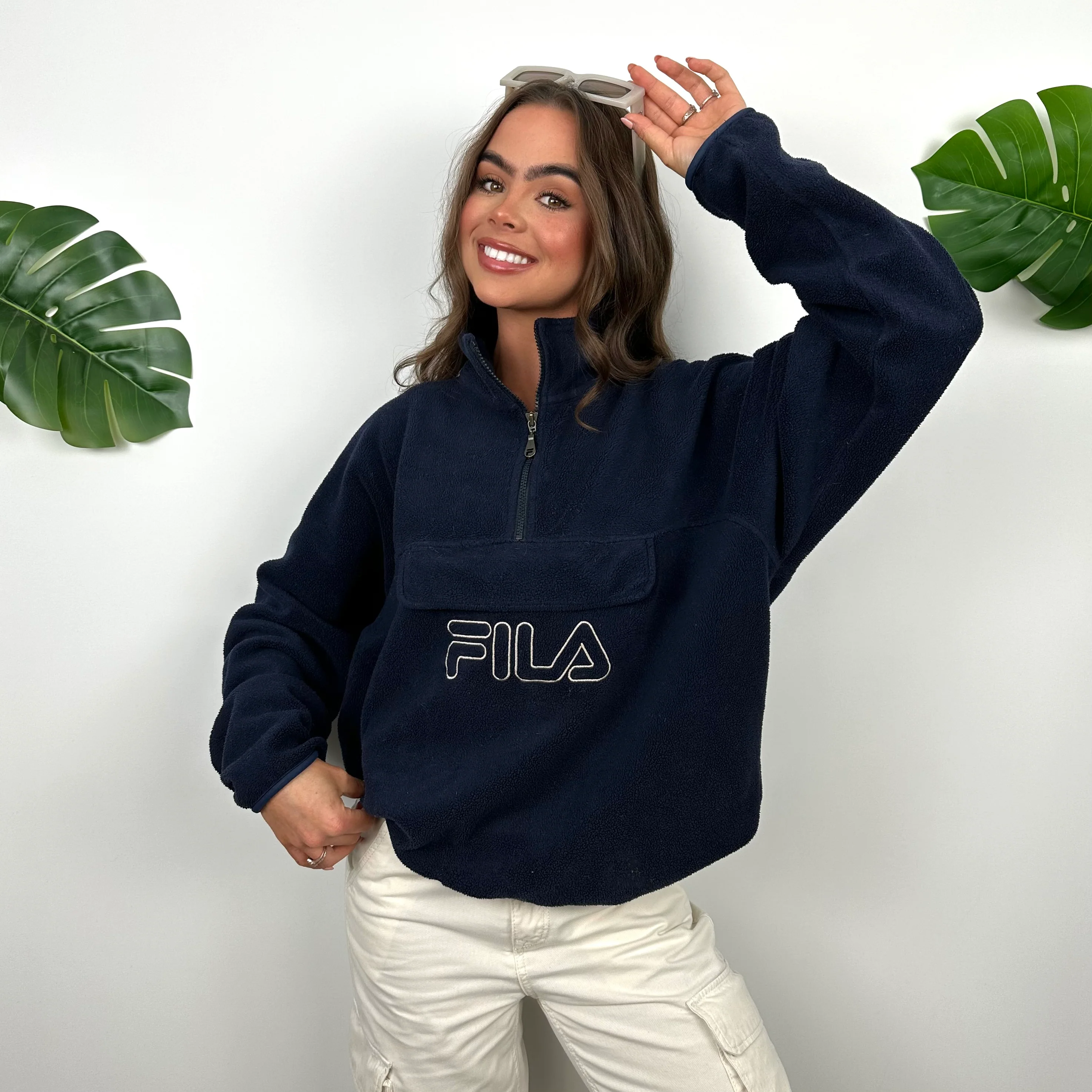 FILA Navy Embroidered Spell Out Teddy Bear Fleece Quarter Zip Sweatshirt (S) - Image 6