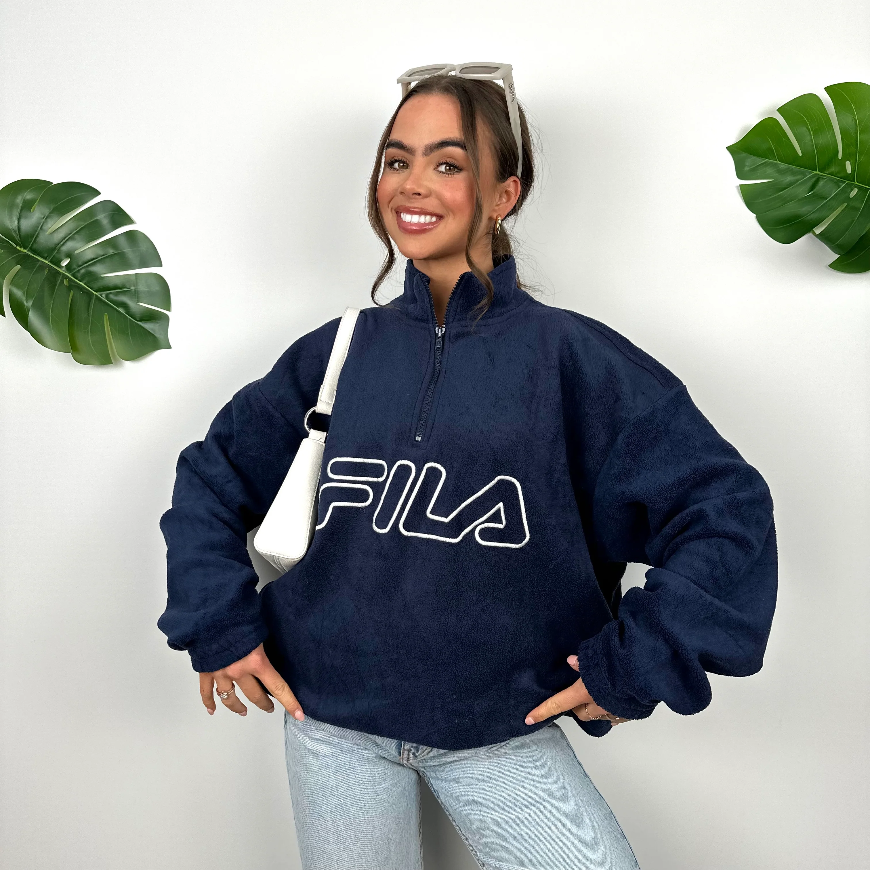 FILA Navy Embroidered Spell Out Teddy Bear Fleece Quarter Zip Sweatshirt (L)
