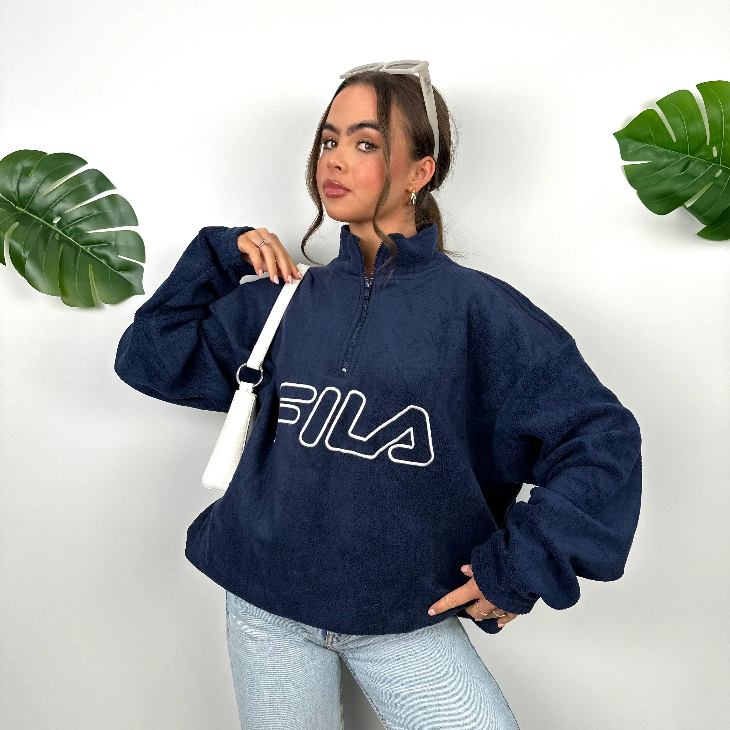 FILA Navy Embroidered Spell Out Teddy Bear Fleece Quarter Zip Sweatshirt (L) - Image 3