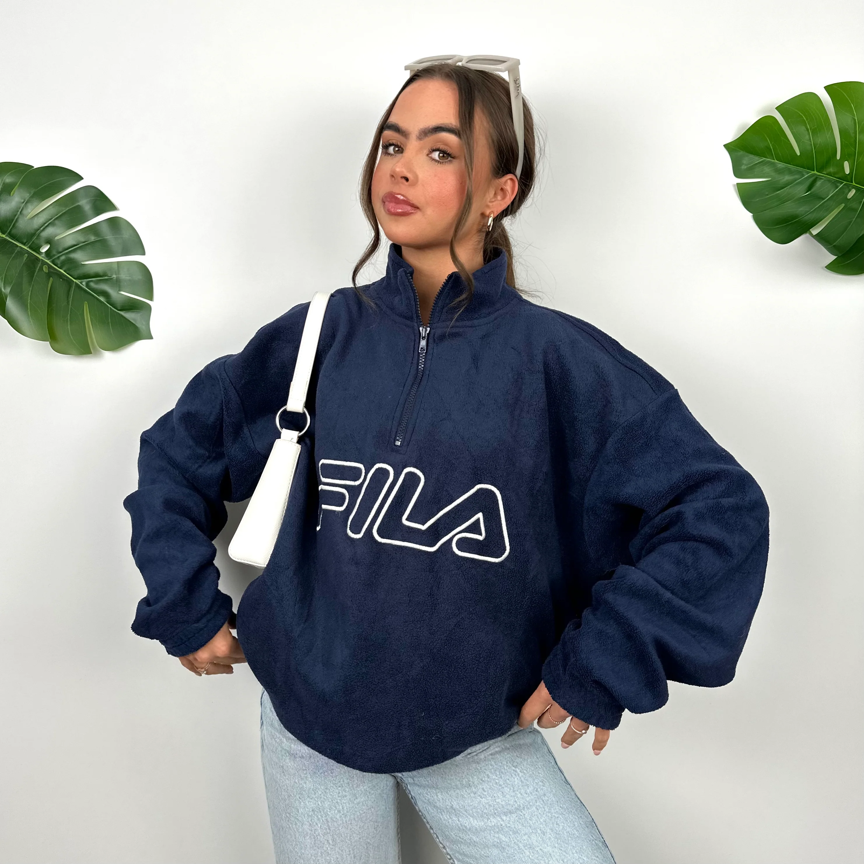 FILA Navy Embroidered Spell Out Teddy Bear Fleece Quarter Zip Sweatshirt (L) - Image 5