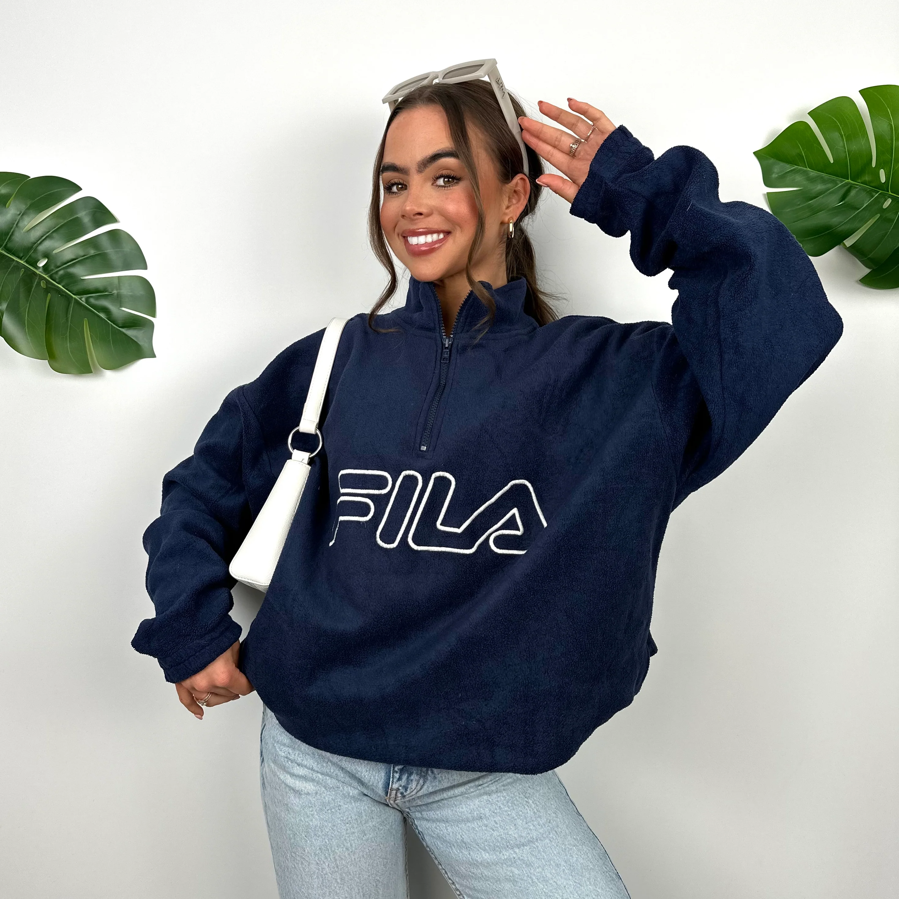 FILA Navy Embroidered Spell Out Teddy Bear Fleece Quarter Zip Sweatshirt (L) - Image 6