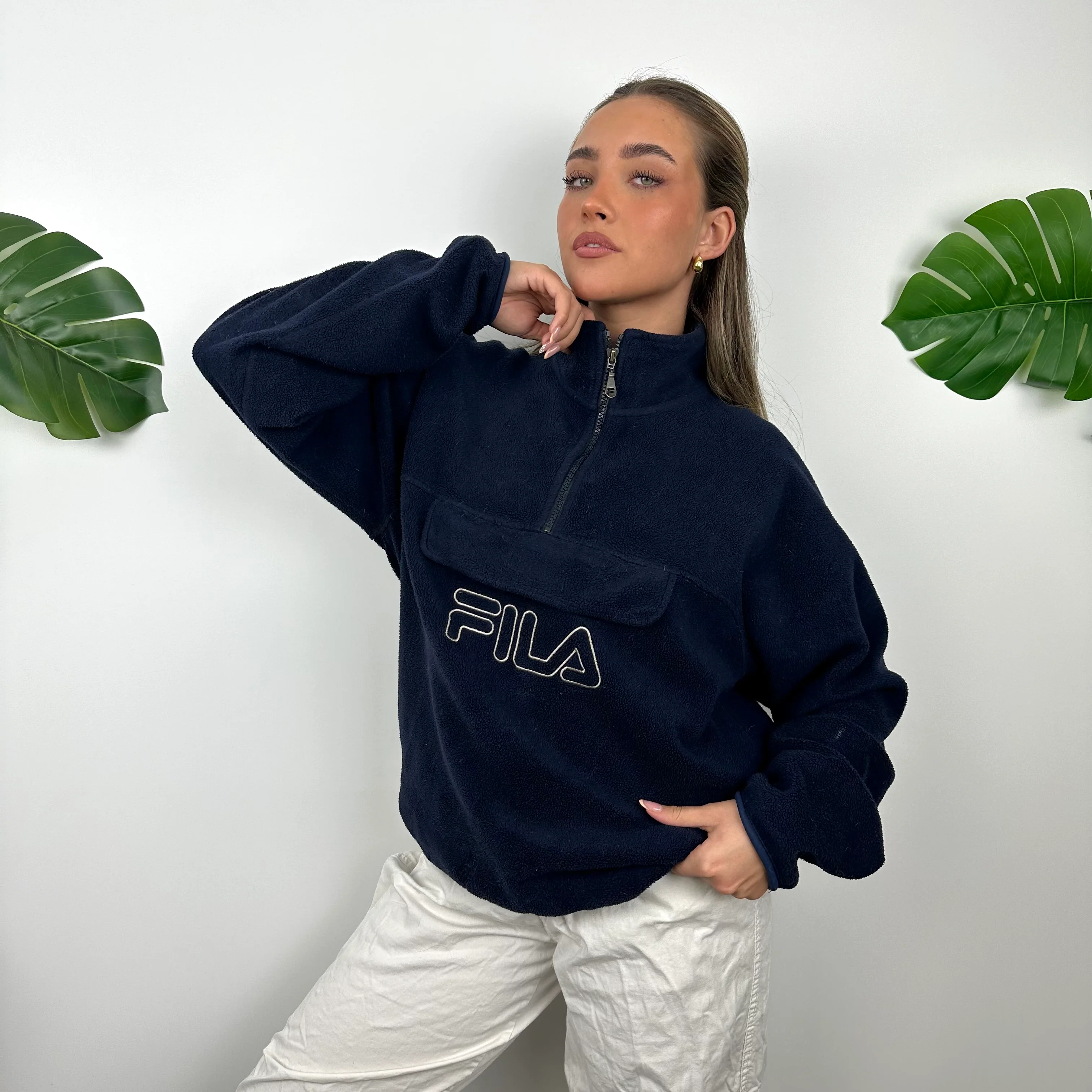 FILA Navy Embroidered Spell Out Teddy Bear Fleece Quarter Zip Sweatshirt (S)