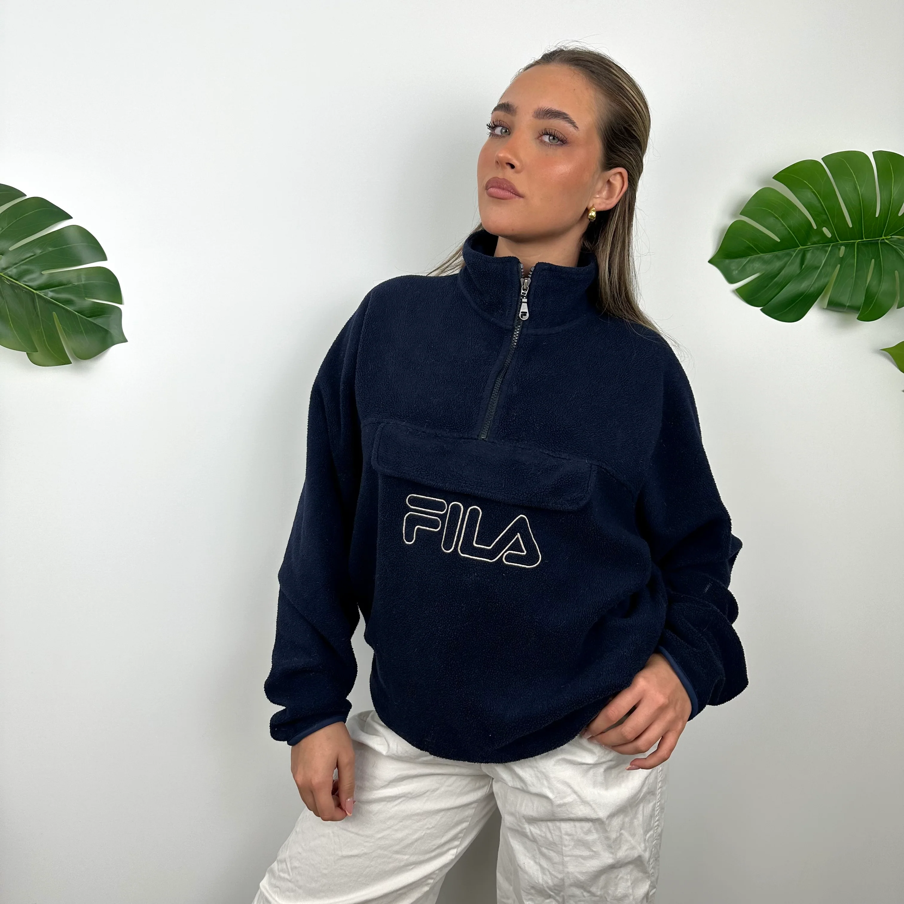 FILA Navy Embroidered Spell Out Teddy Bear Fleece Quarter Zip Sweatshirt (S) - Image 2