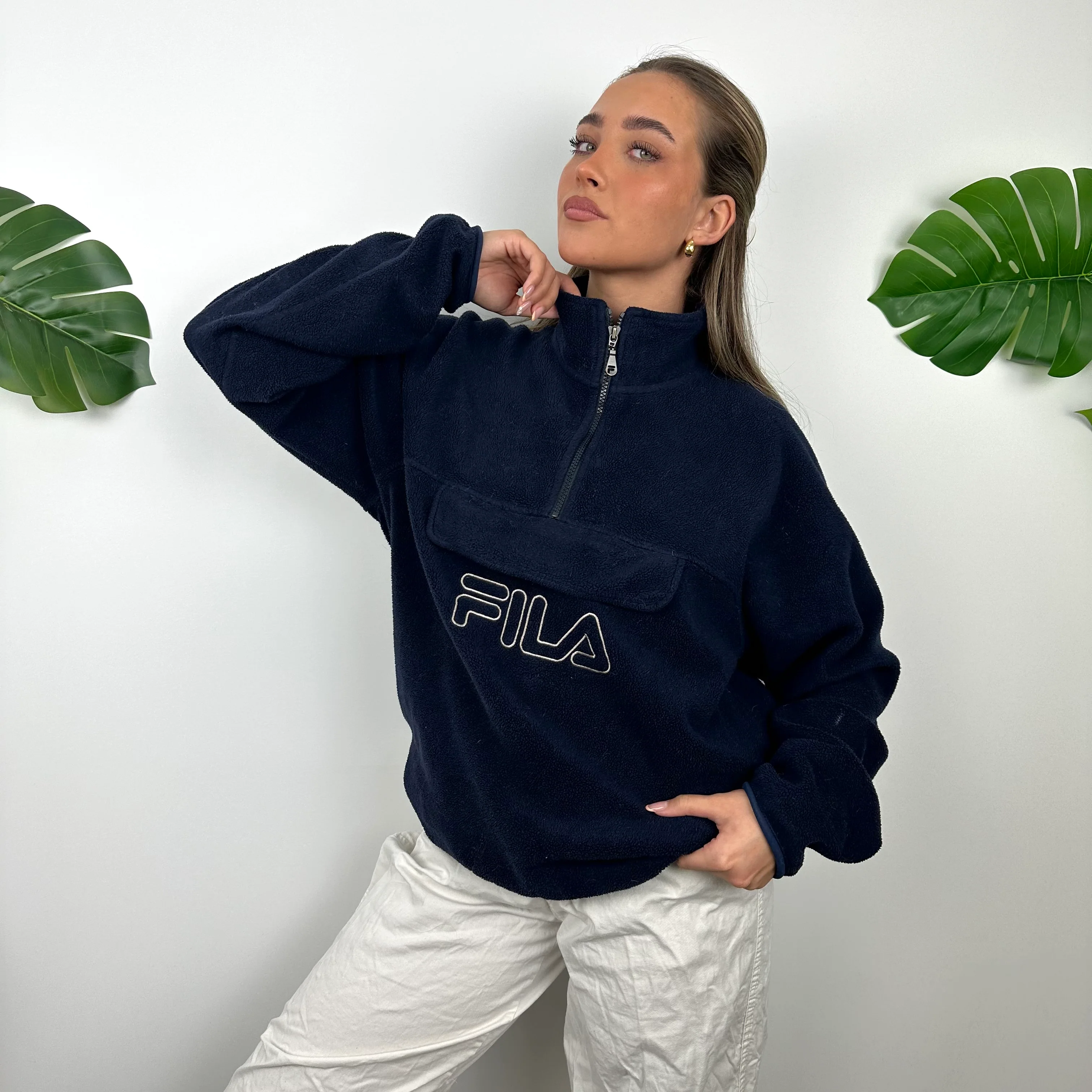 FILA Navy Embroidered Spell Out Teddy Bear Fleece Quarter Zip Sweatshirt (S) - Image 3