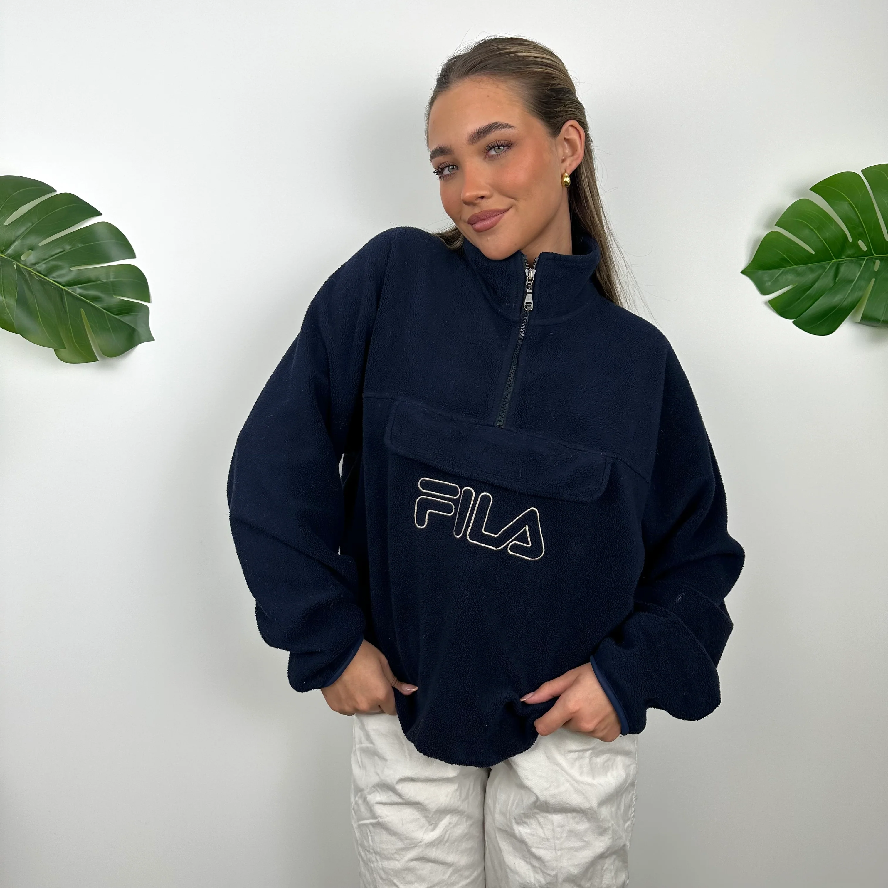 FILA Navy Embroidered Spell Out Teddy Bear Fleece Quarter Zip Sweatshirt (S) - Image 5