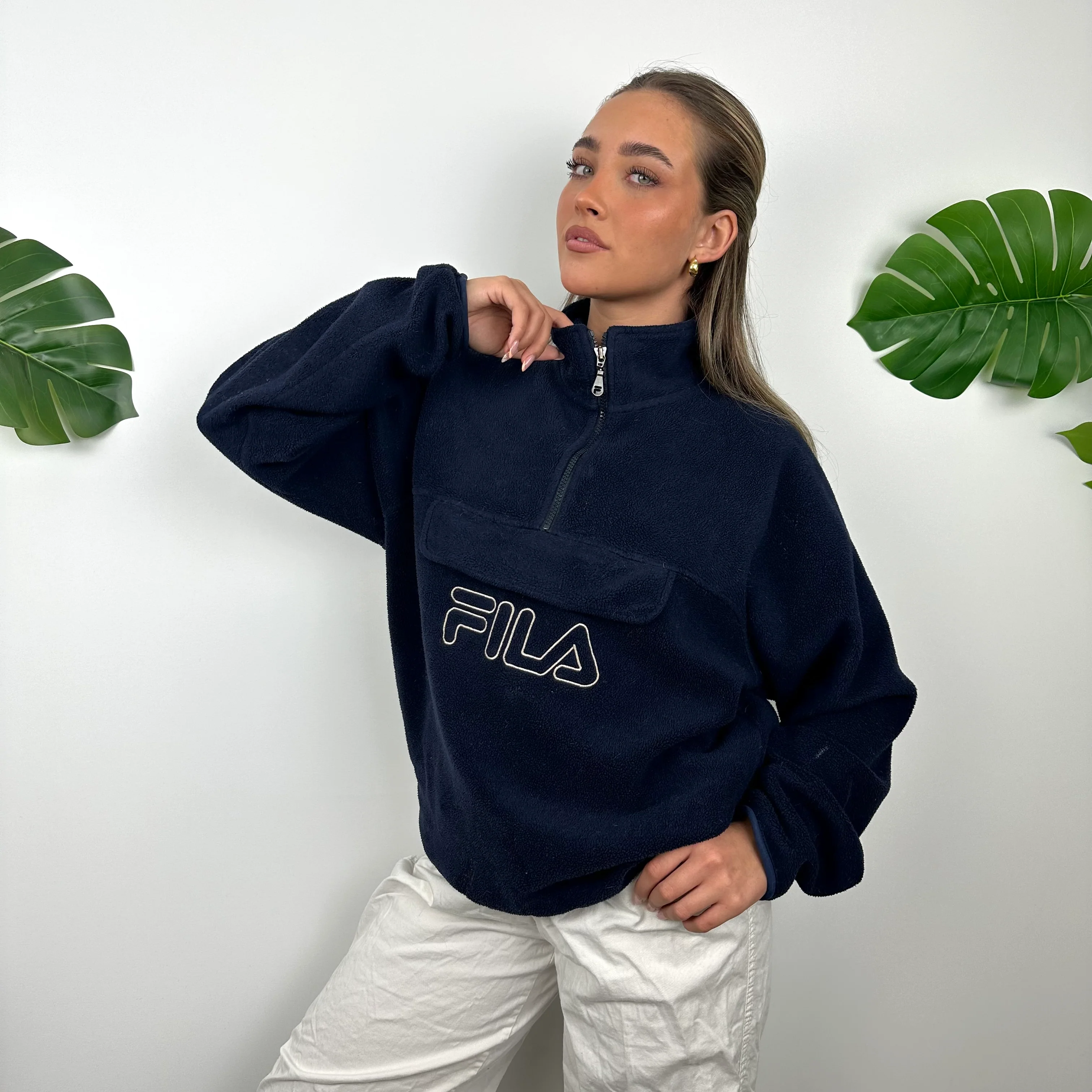 FILA Navy Embroidered Spell Out Teddy Bear Fleece Quarter Zip Sweatshirt (S) - Image 6