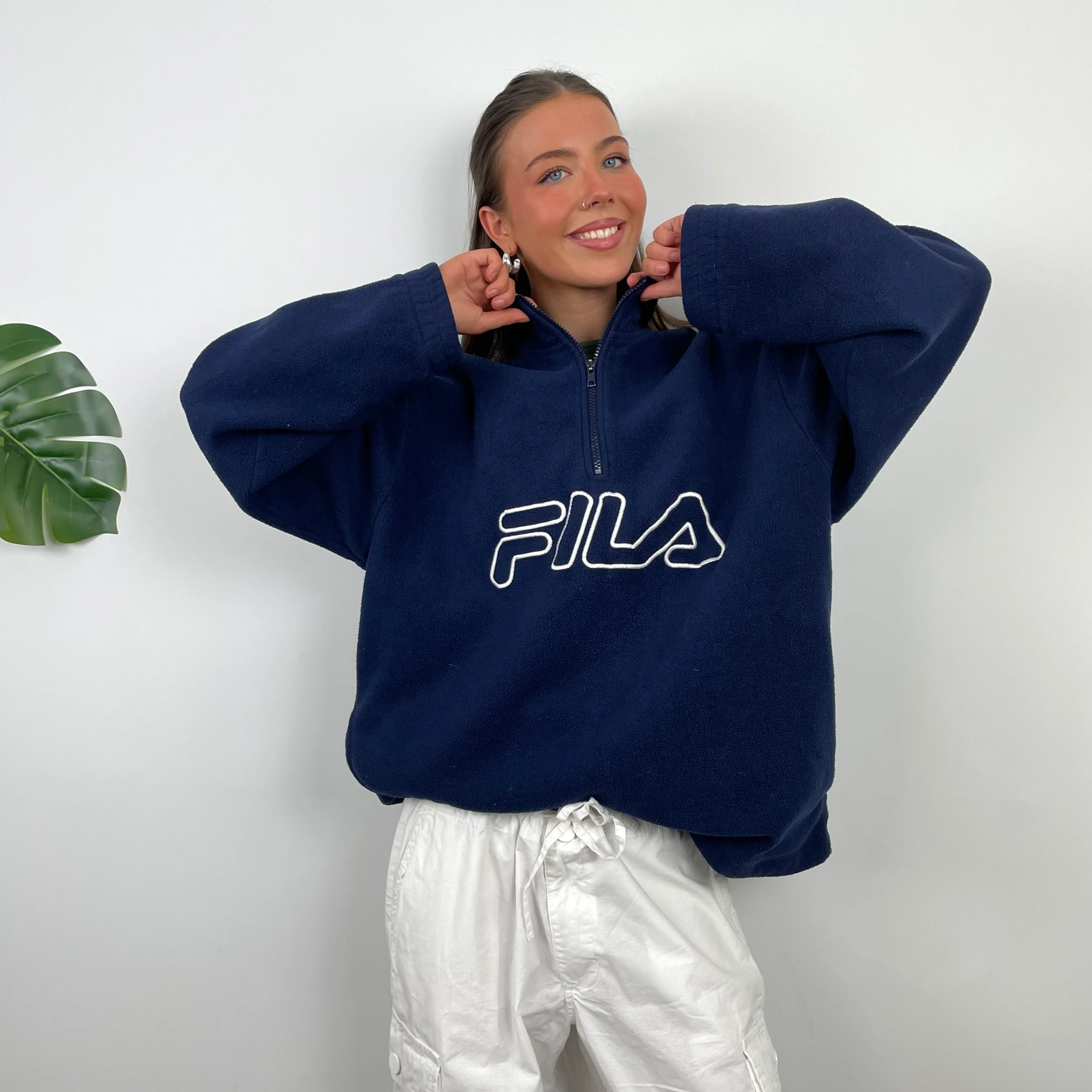 FILA Navy Embroidered Spell Out Teddy Bear Fleece Quarter Zip Sweatshirt (M)