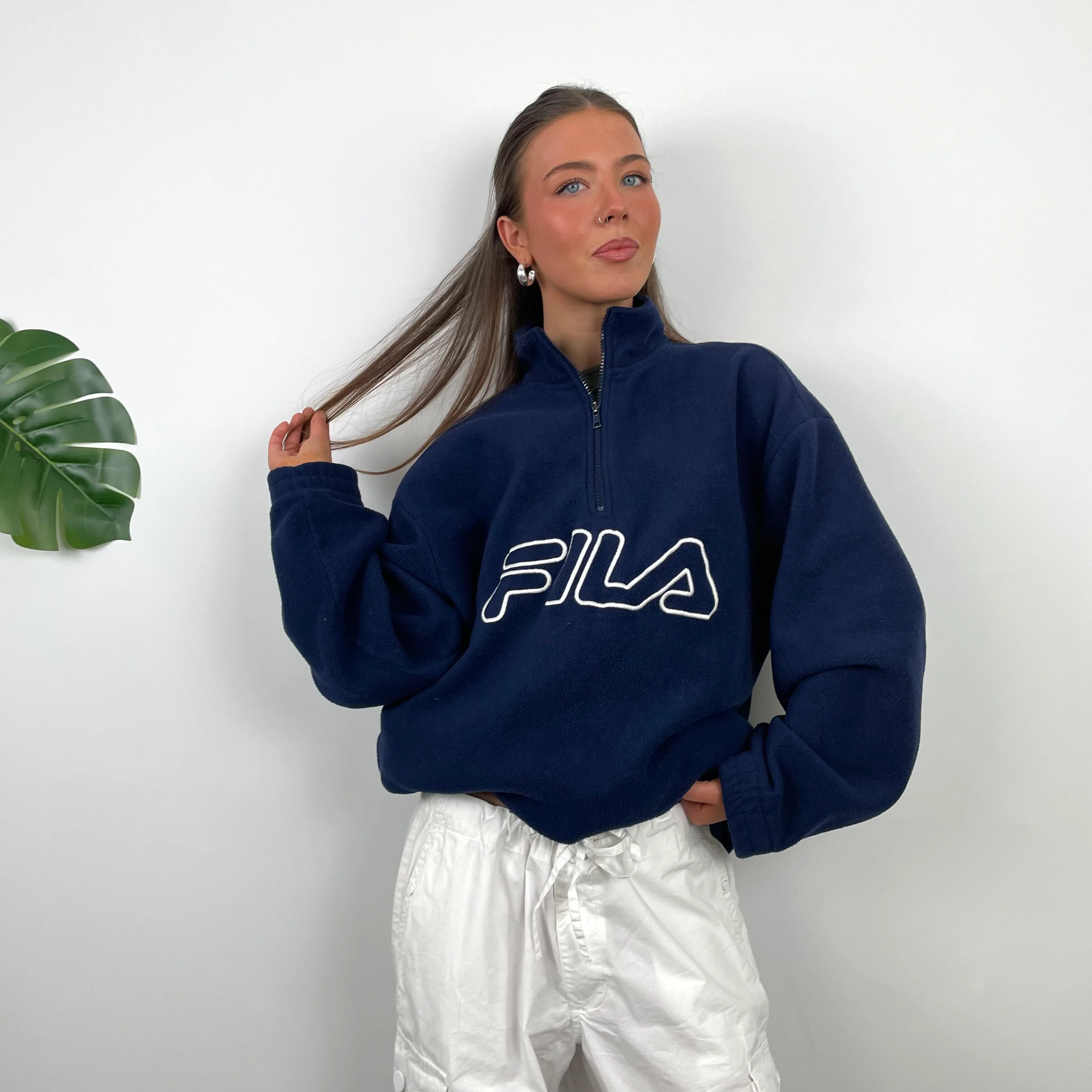 FILA Navy Embroidered Spell Out Teddy Bear Fleece Quarter Zip Sweatshirt (M) - Image 4