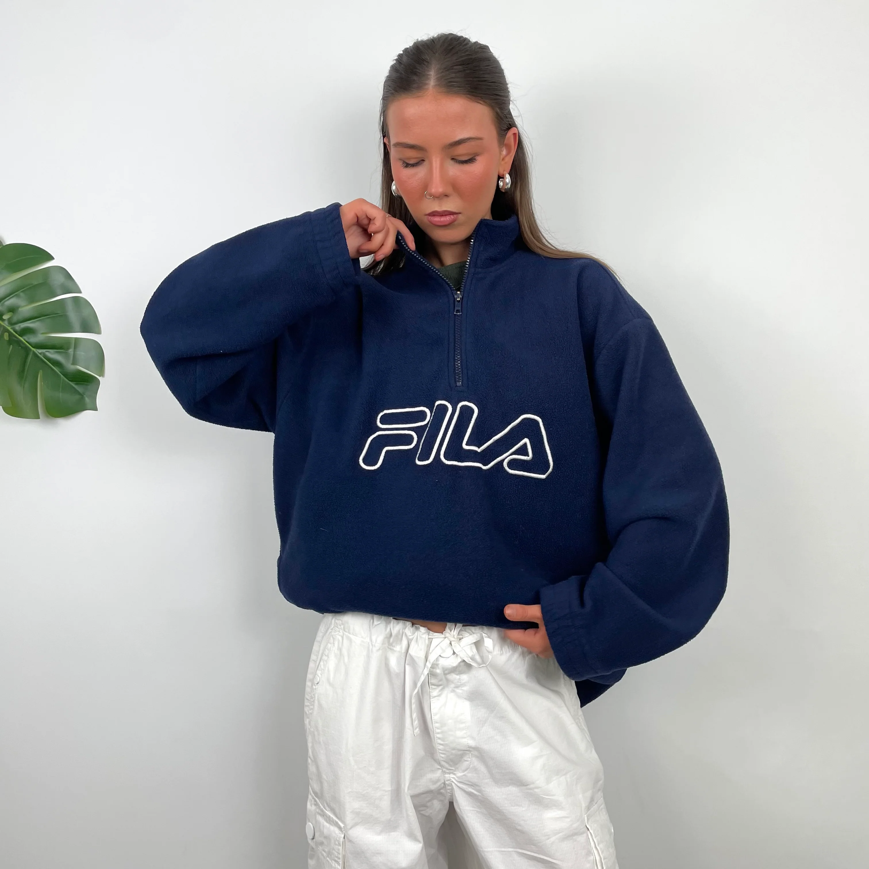 FILA Navy Embroidered Spell Out Teddy Bear Fleece Quarter Zip Sweatshirt (M) - Image 5