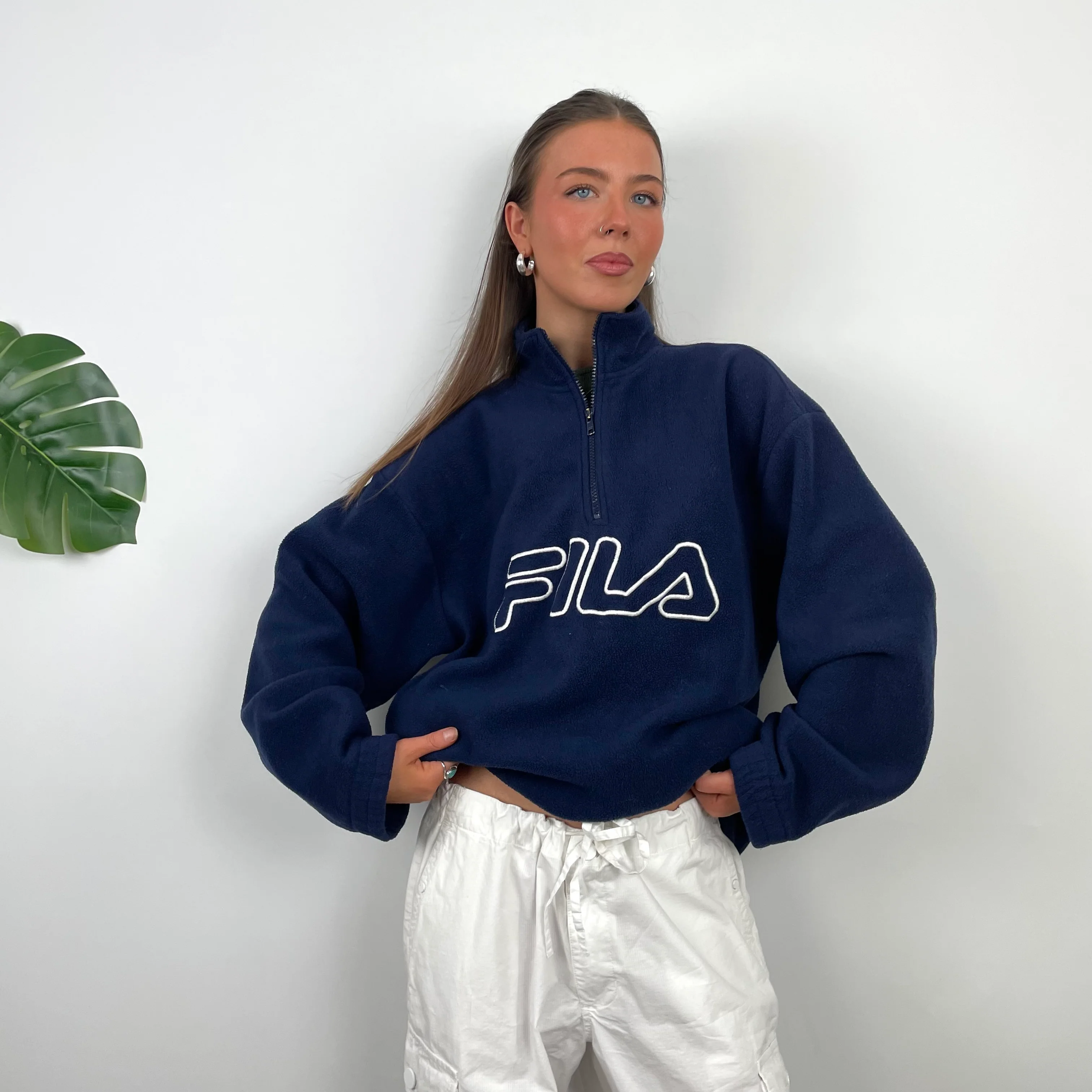 FILA Navy Embroidered Spell Out Teddy Bear Fleece Quarter Zip Sweatshirt (M) - Image 6