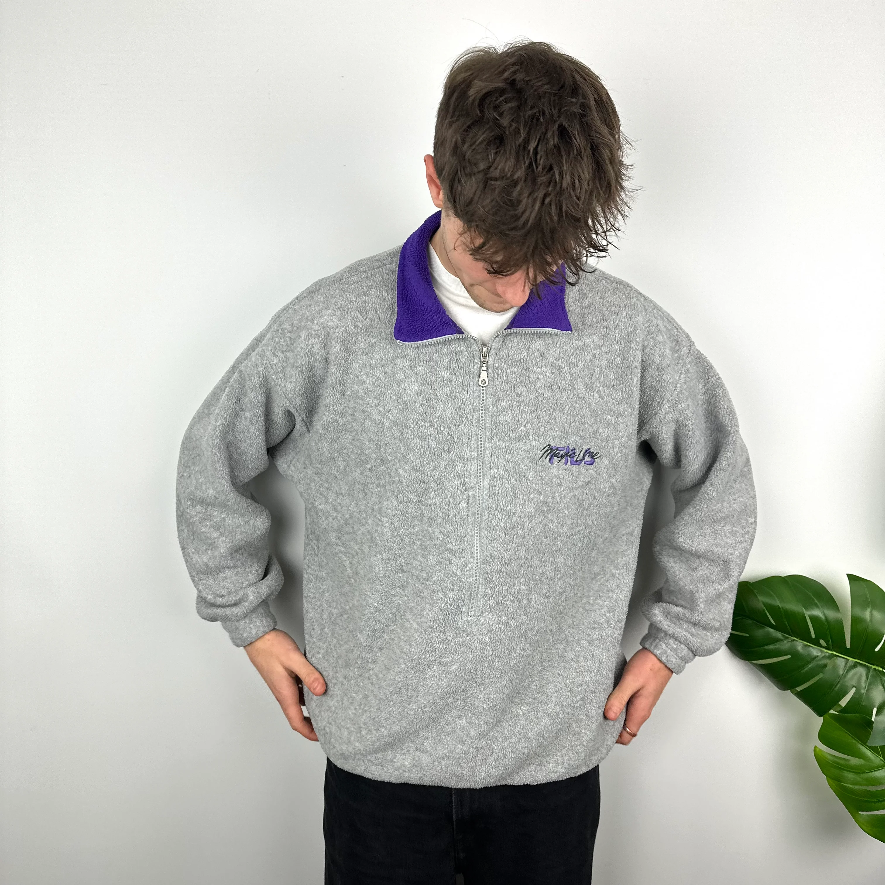 FILA RARE Grey Embroidered Spell Out Teddy Bear Fleece Quarter Zip Sweatshirt (L) - Image 3