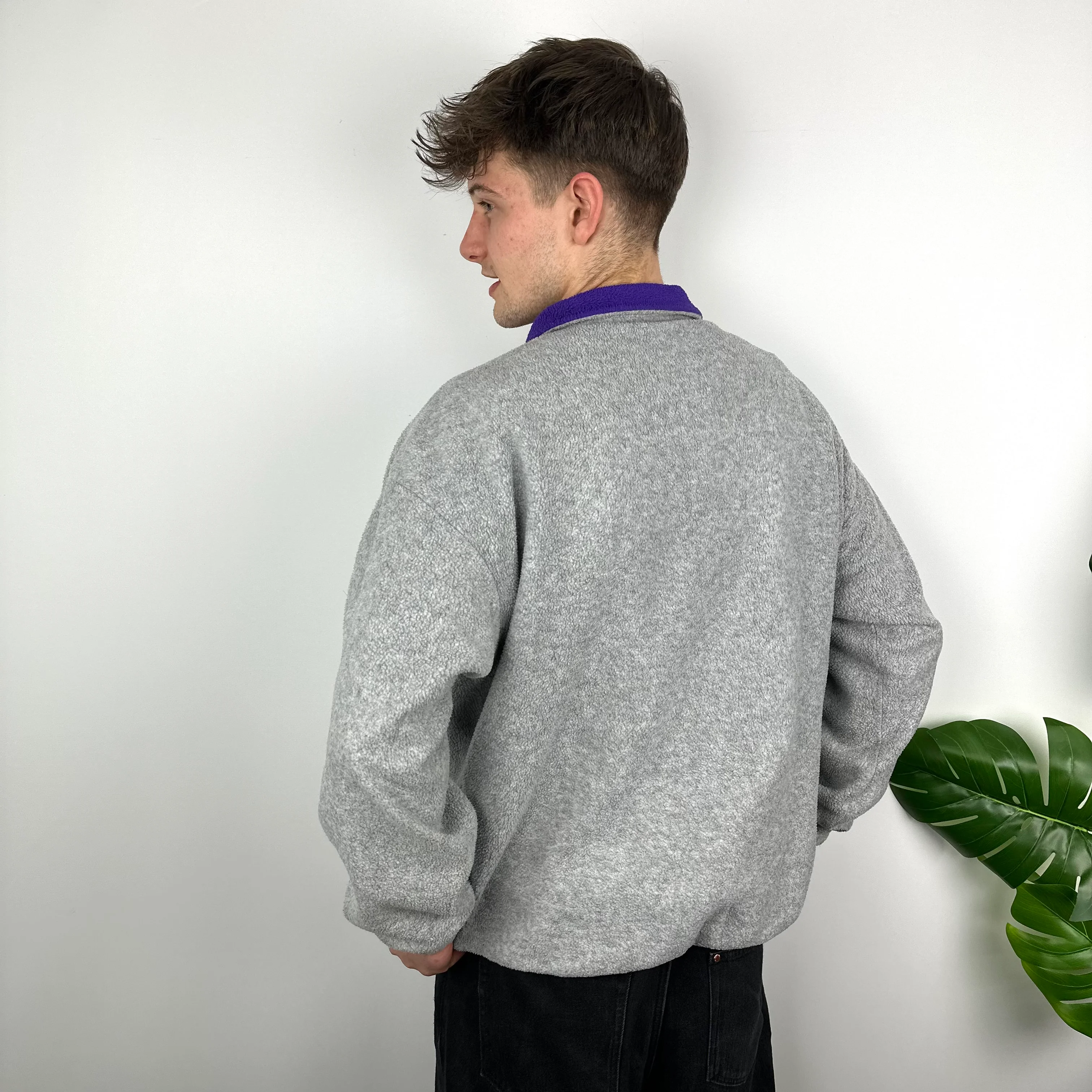 FILA RARE Grey Embroidered Spell Out Teddy Bear Fleece Quarter Zip Sweatshirt (L) - Image 4