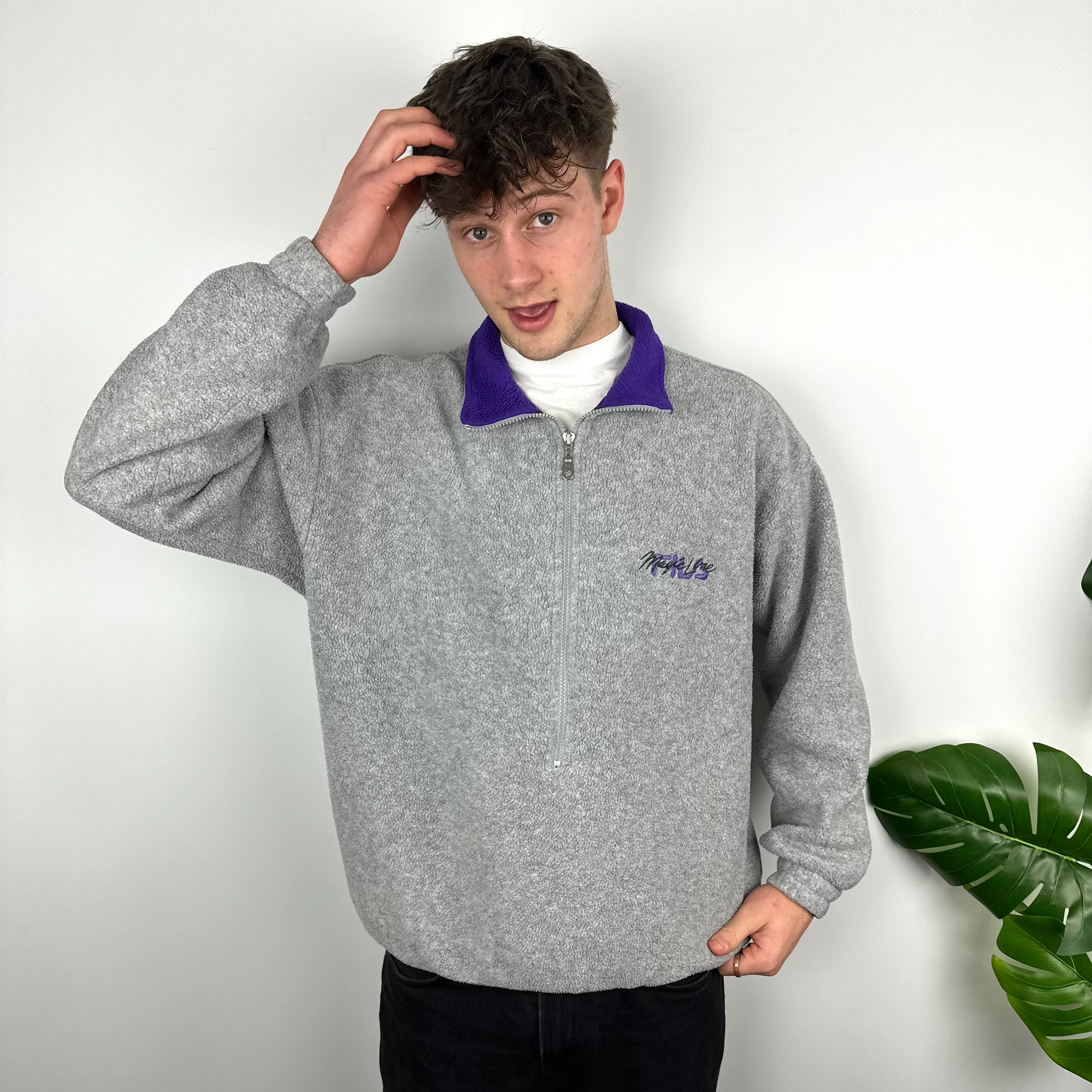 FILA RARE Grey Embroidered Spell Out Teddy Bear Fleece Quarter Zip Sweatshirt (L) - Image 5
