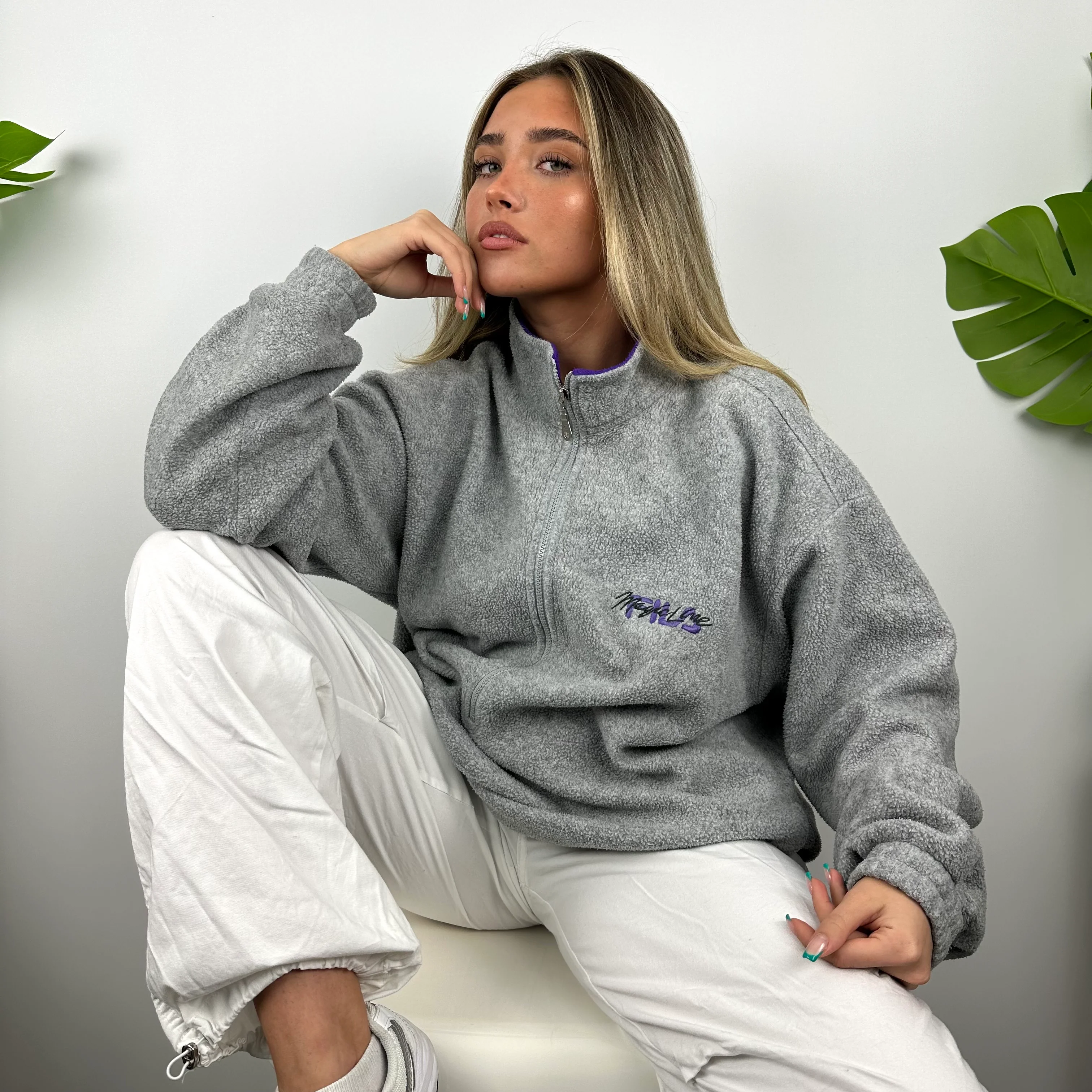 FILA Grey Embroidered Spell Out Teddy Bear Fleece Quarter Zip Sweatshirt (L) - Image 4