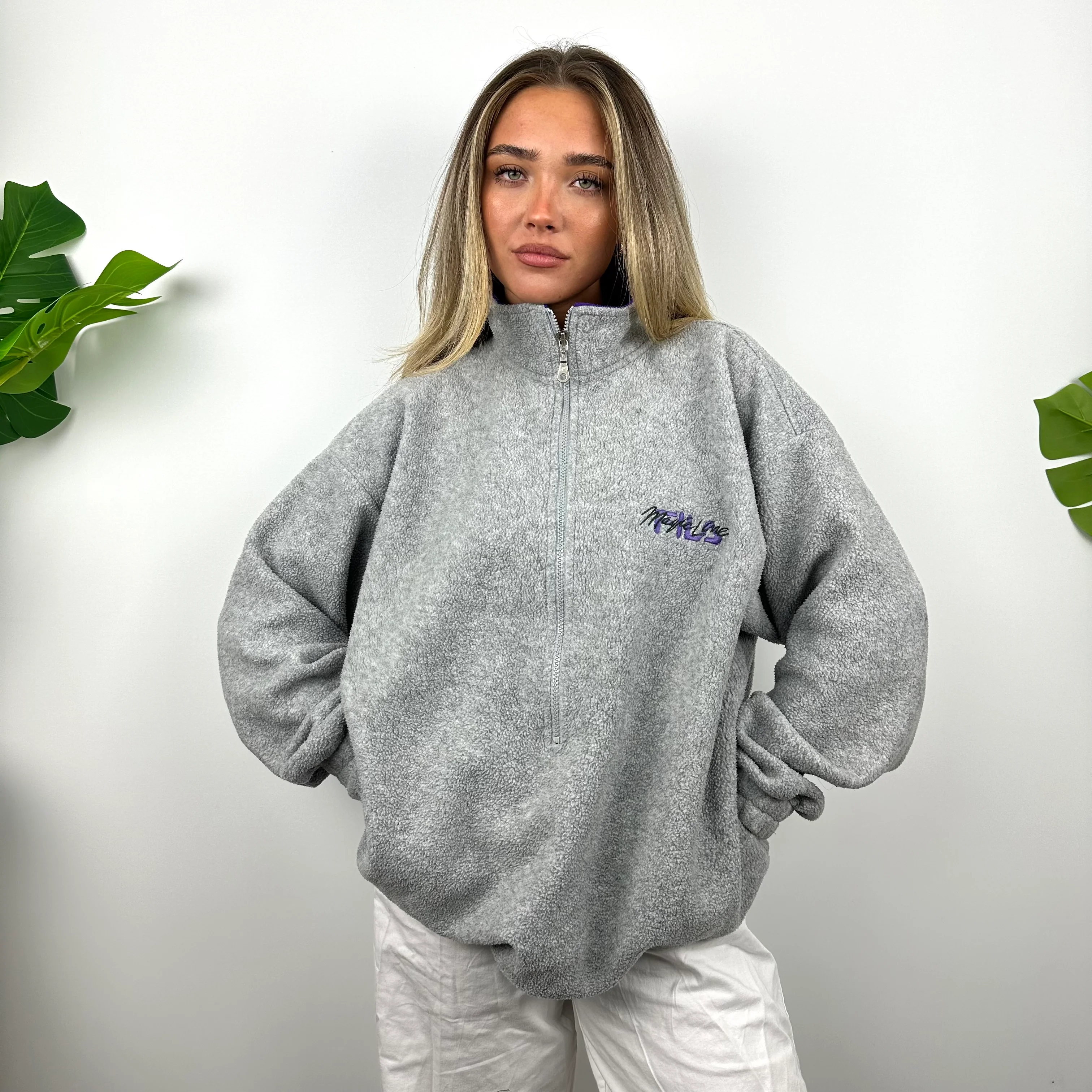 FILA Grey Embroidered Spell Out Teddy Bear Fleece Quarter Zip Sweatshirt (L) - Image 5