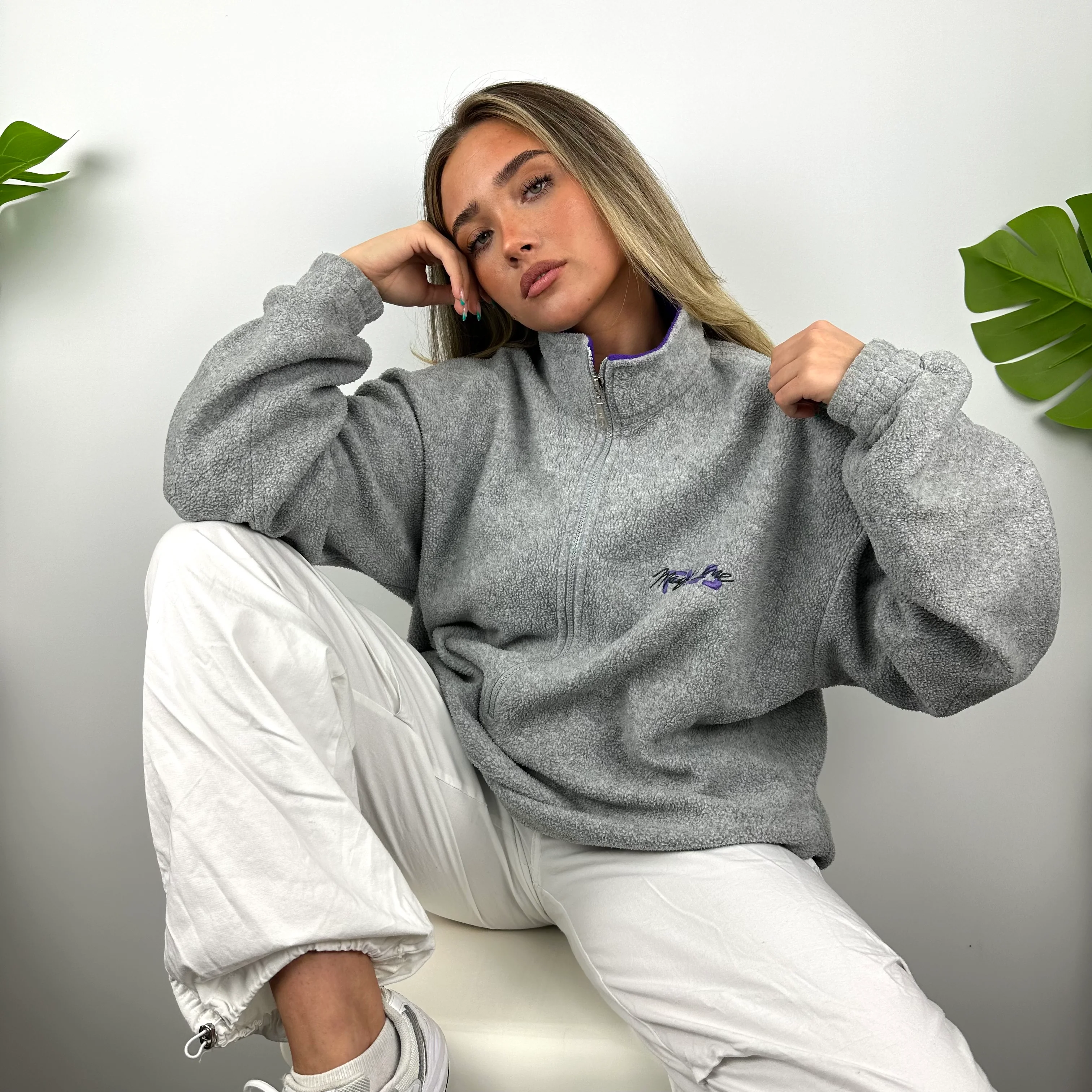FILA Grey Embroidered Spell Out Teddy Bear Fleece Quarter Zip Sweatshirt (L) - Image 6