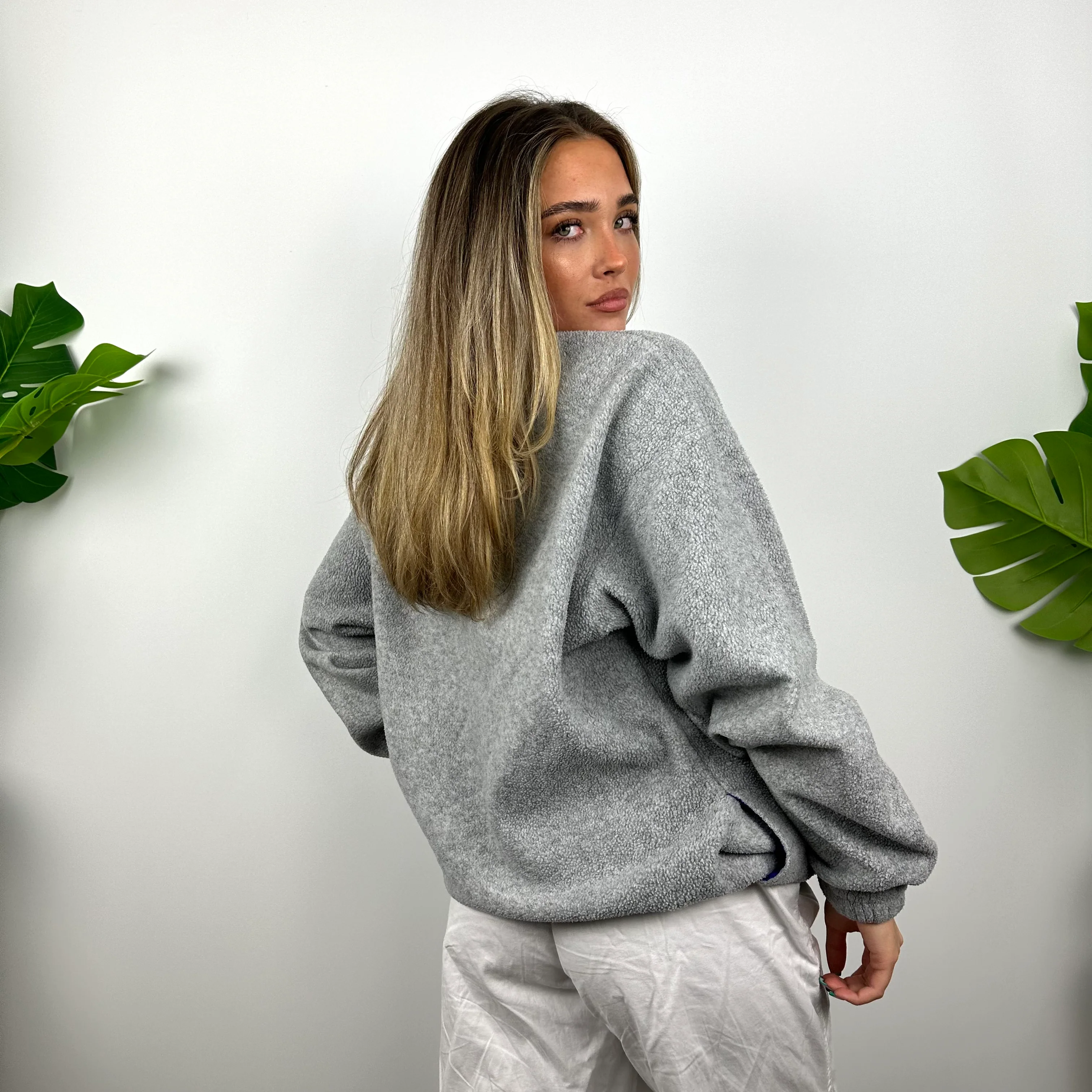 FILA Grey Embroidered Spell Out Teddy Bear Fleece Quarter Zip Sweatshirt (L) - Image 7