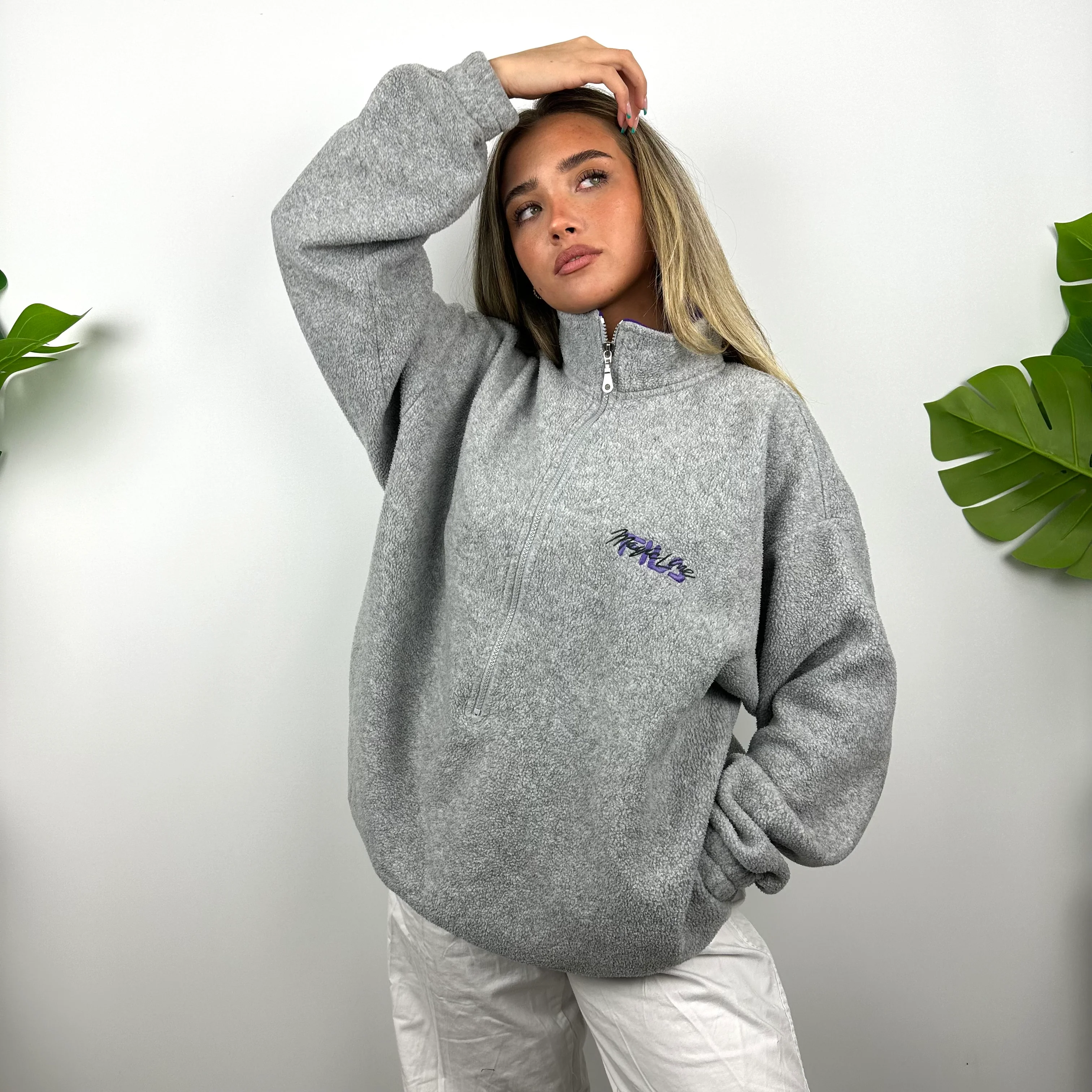 FILA Grey Embroidered Spell Out Teddy Bear Fleece Quarter Zip Sweatshirt (L) - Image 8