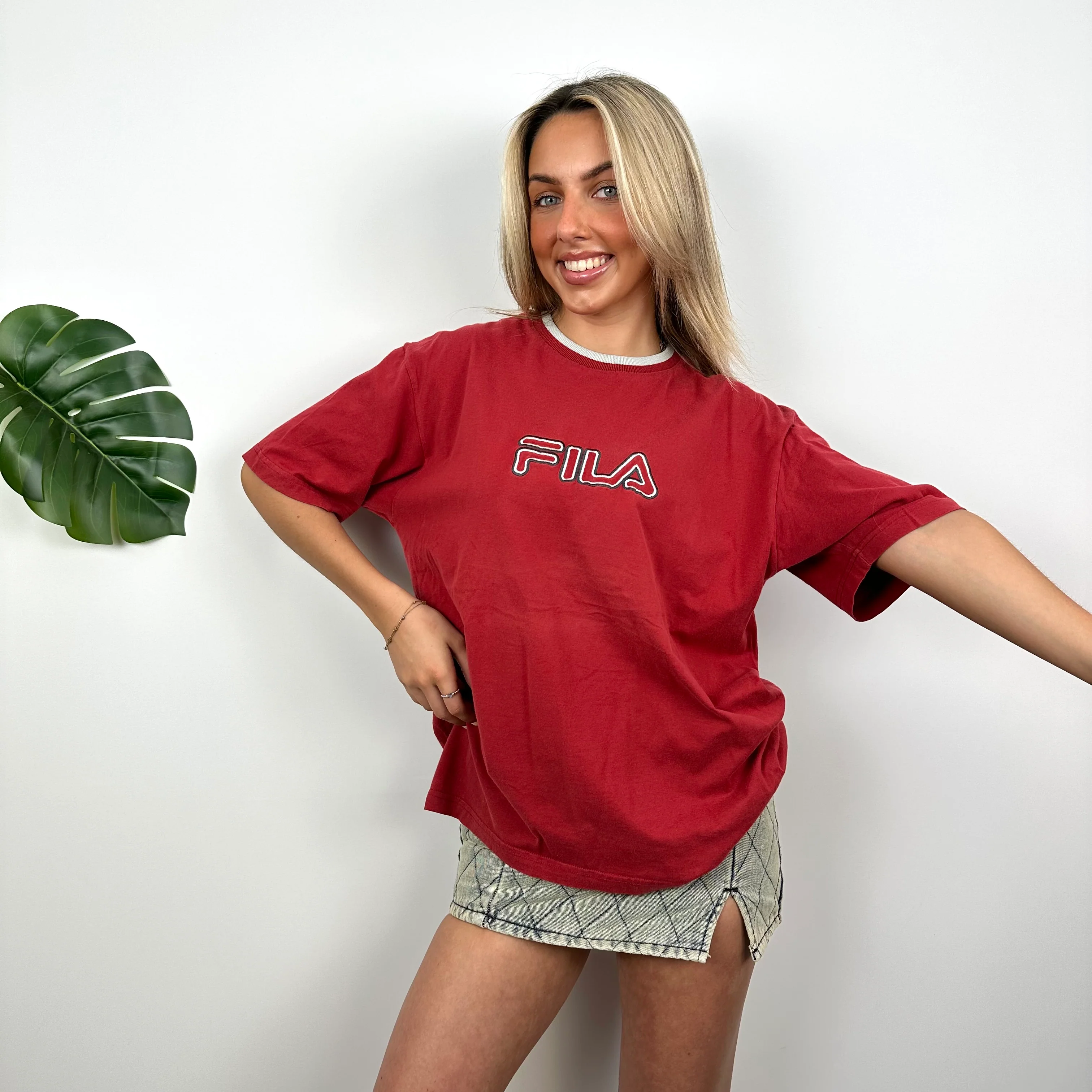 FILA Red Embroidered Spell Out T Shirt (M) - Image 2