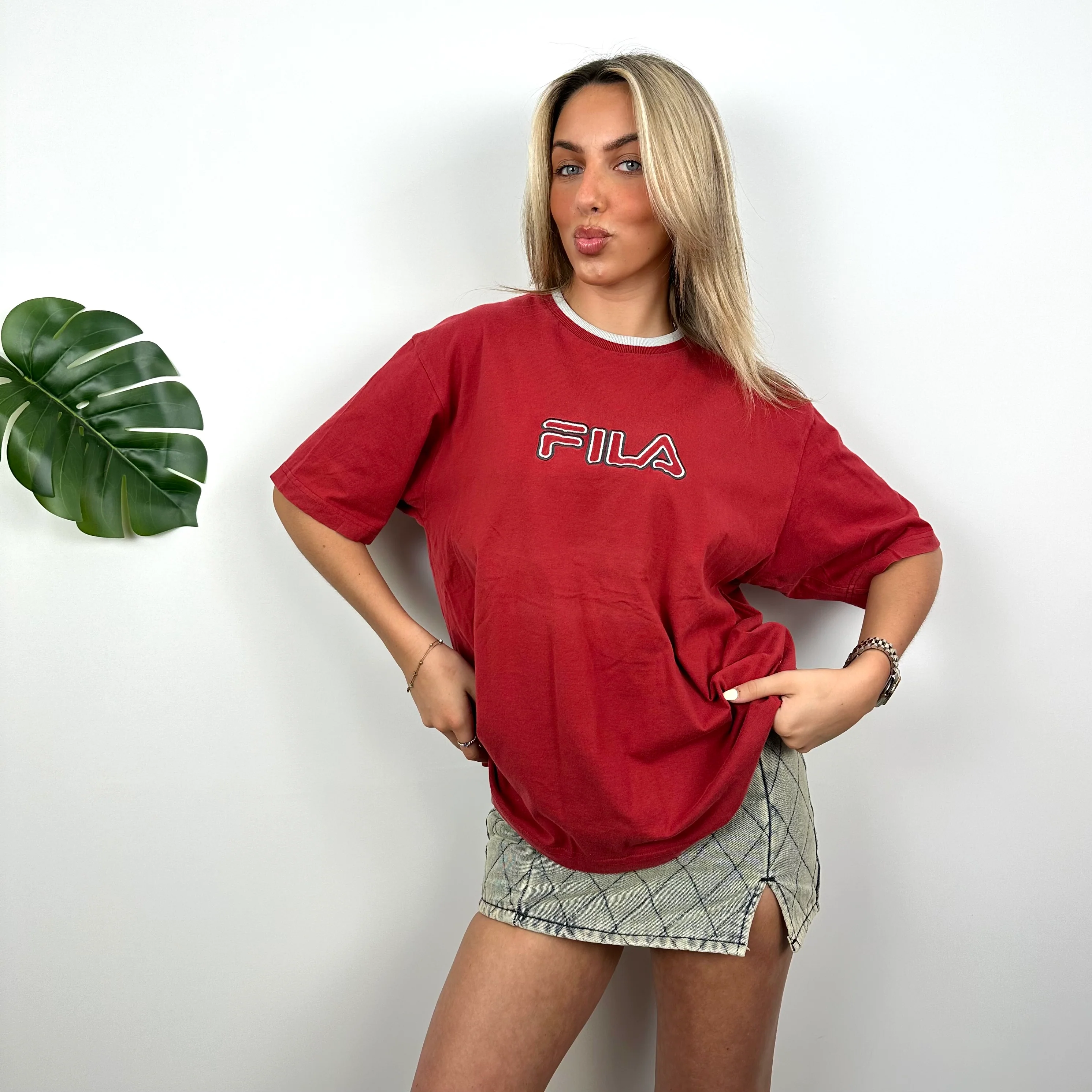 FILA Red Embroidered Spell Out T Shirt (M) - Image 3