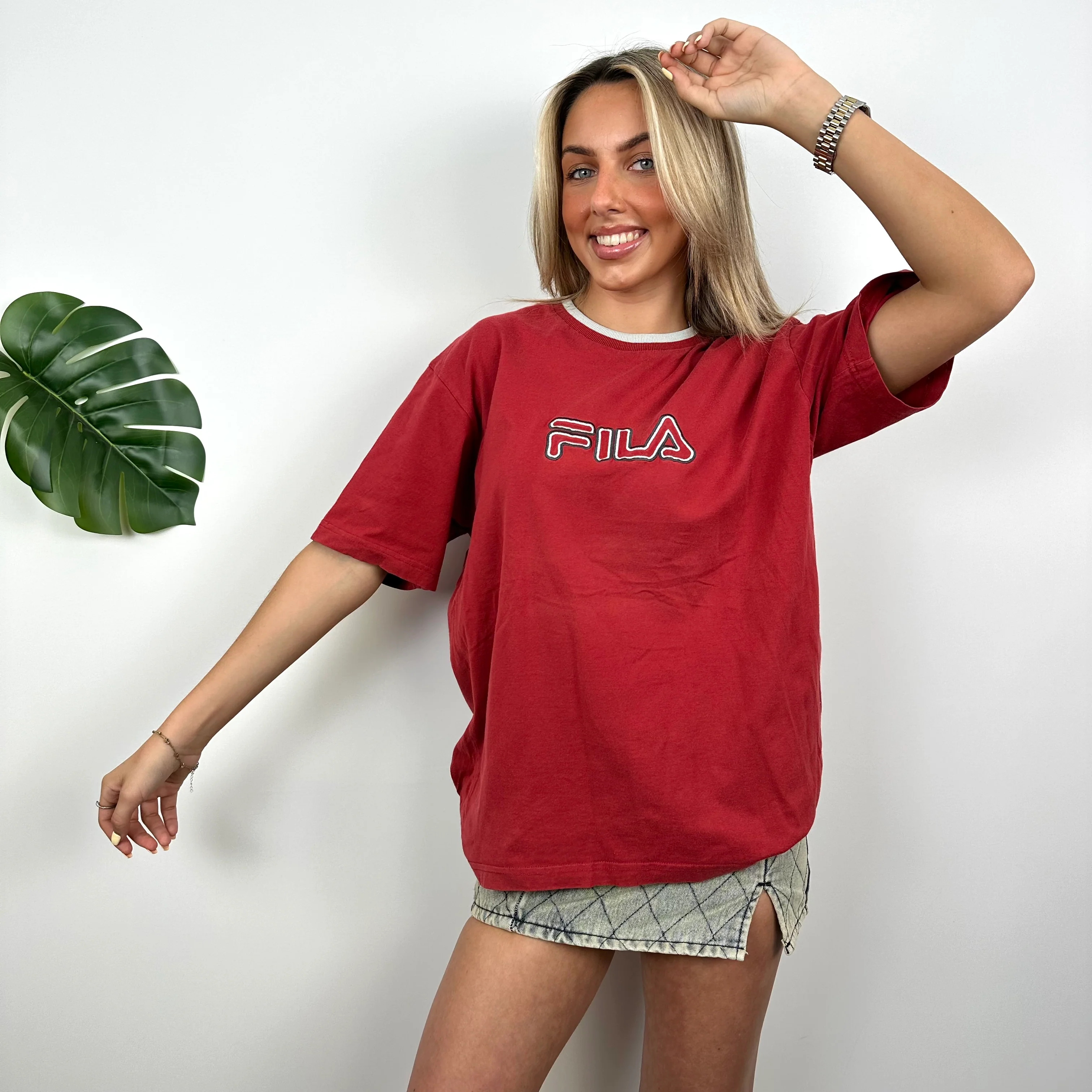FILA Red Embroidered Spell Out T Shirt (M) - Image 4