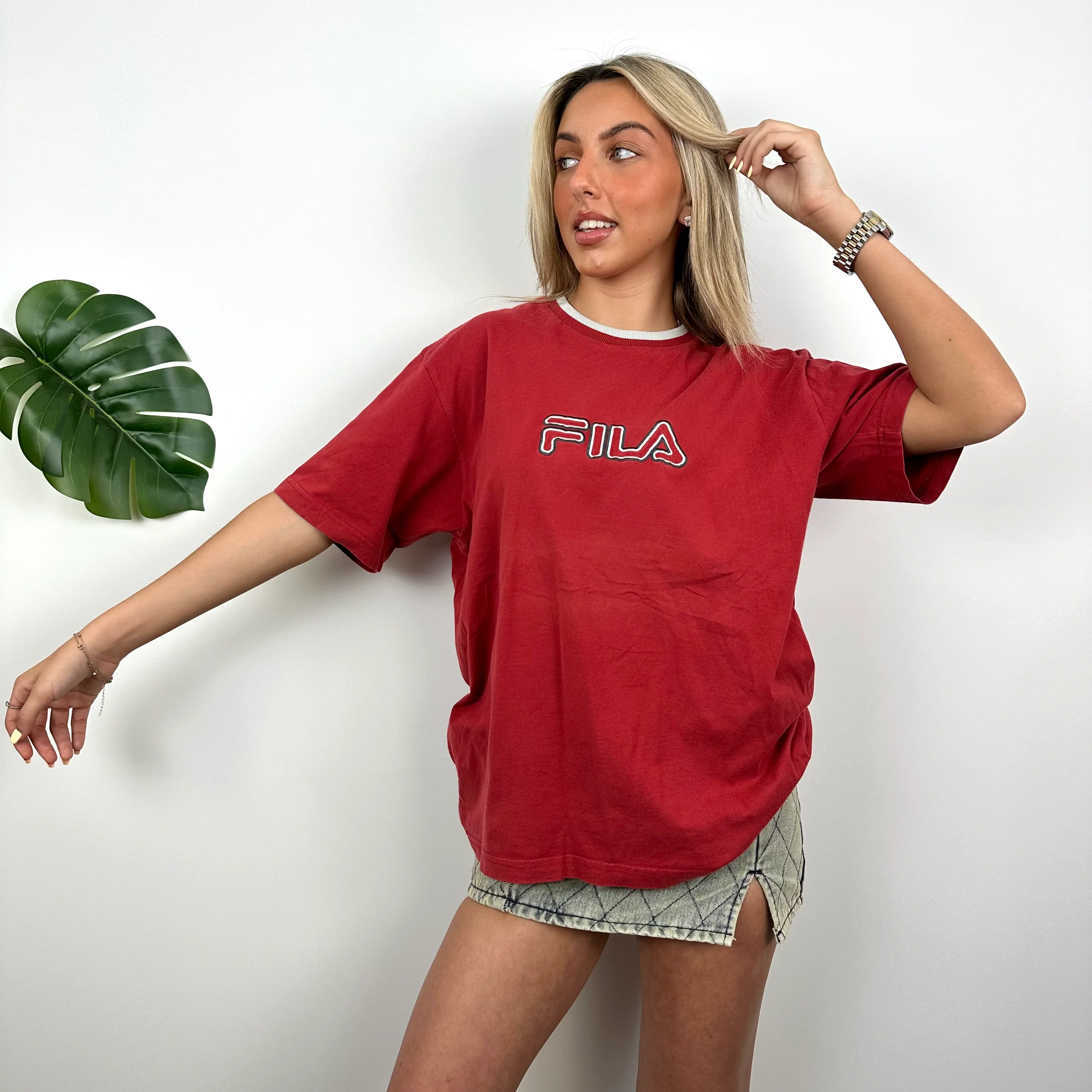 FILA Red Embroidered Spell Out T Shirt (M) - Image 5