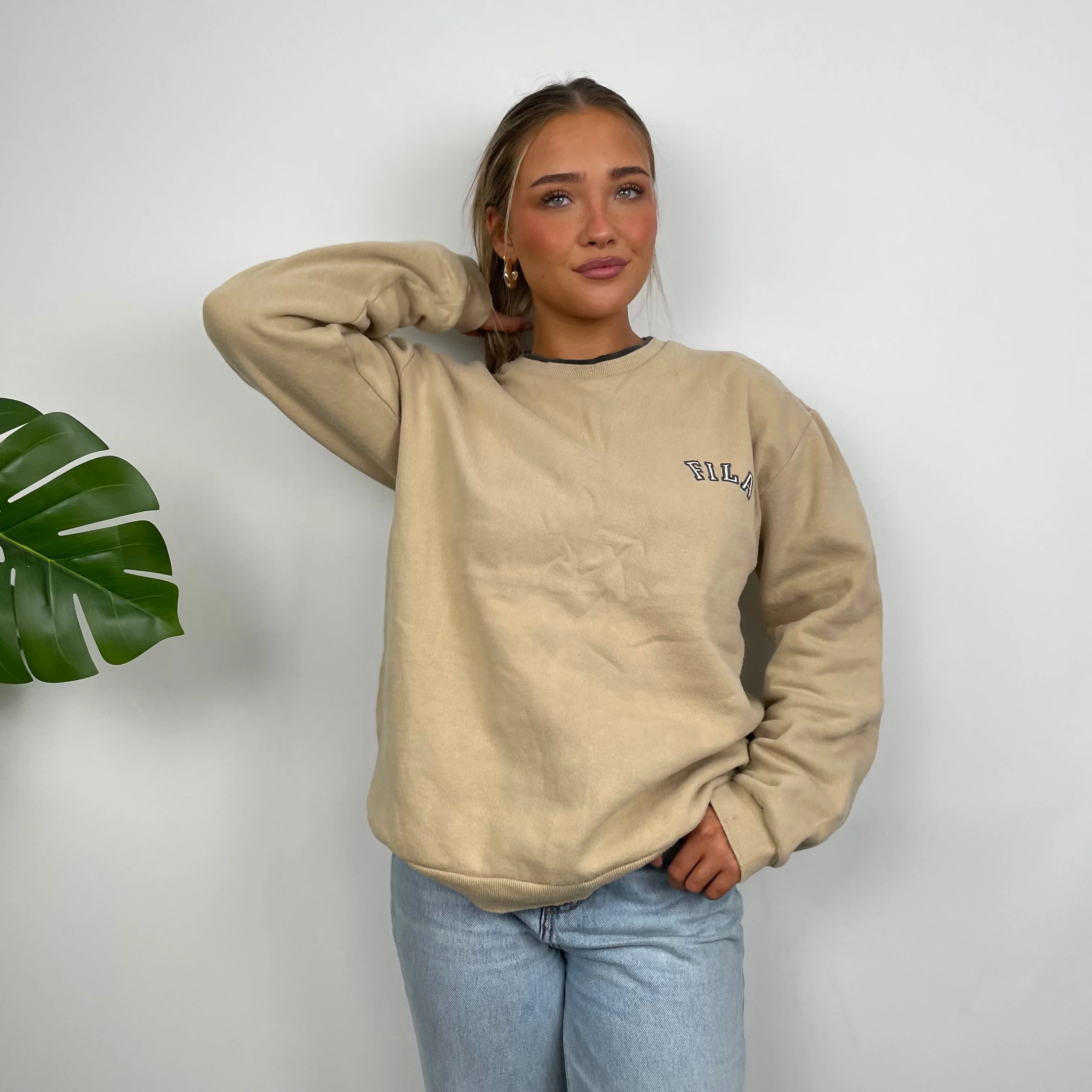 FILA Tan Brown Embroidered Spell Out Sweatshirt (L) - Image 2