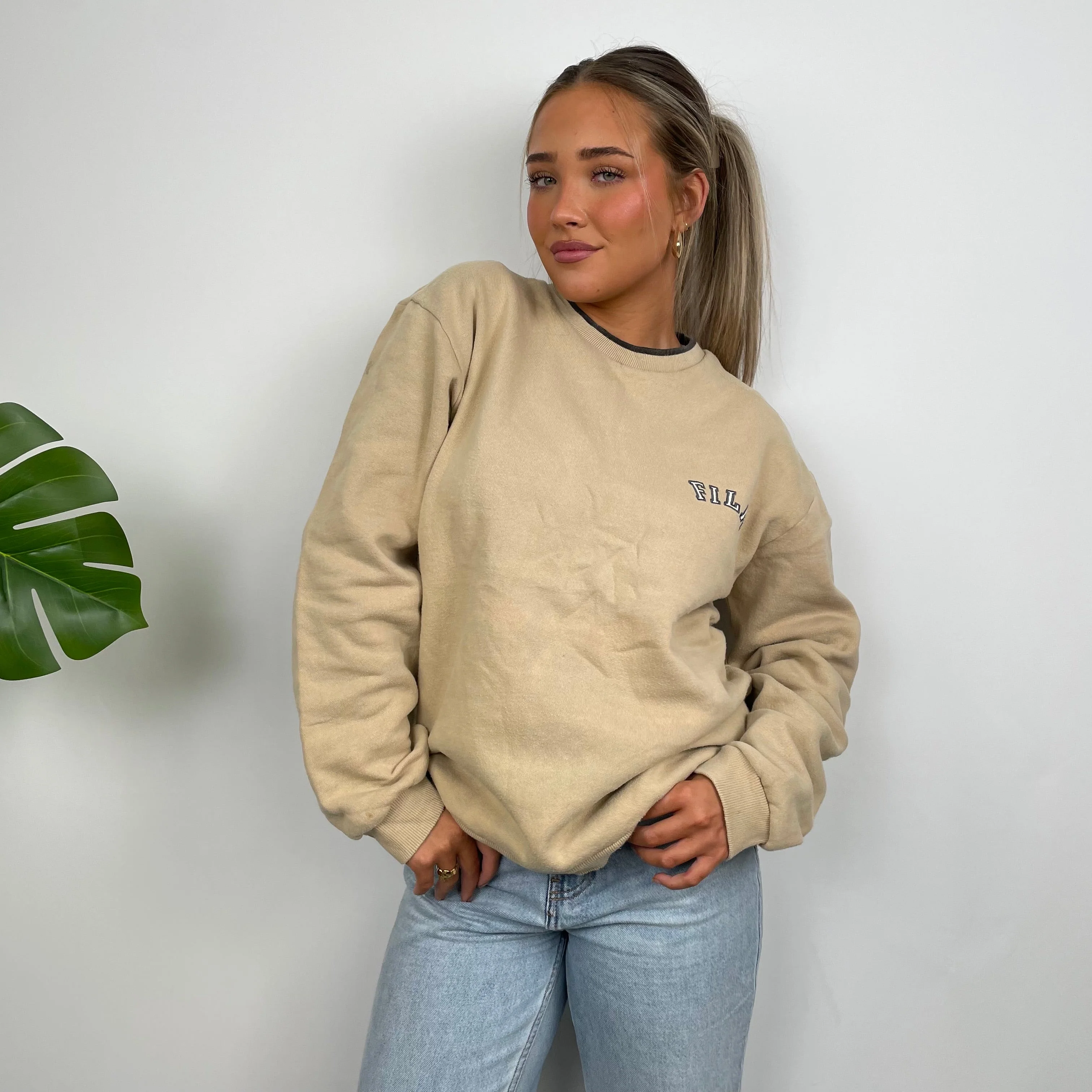 FILA Tan Brown Embroidered Spell Out Sweatshirt (L) - Image 3