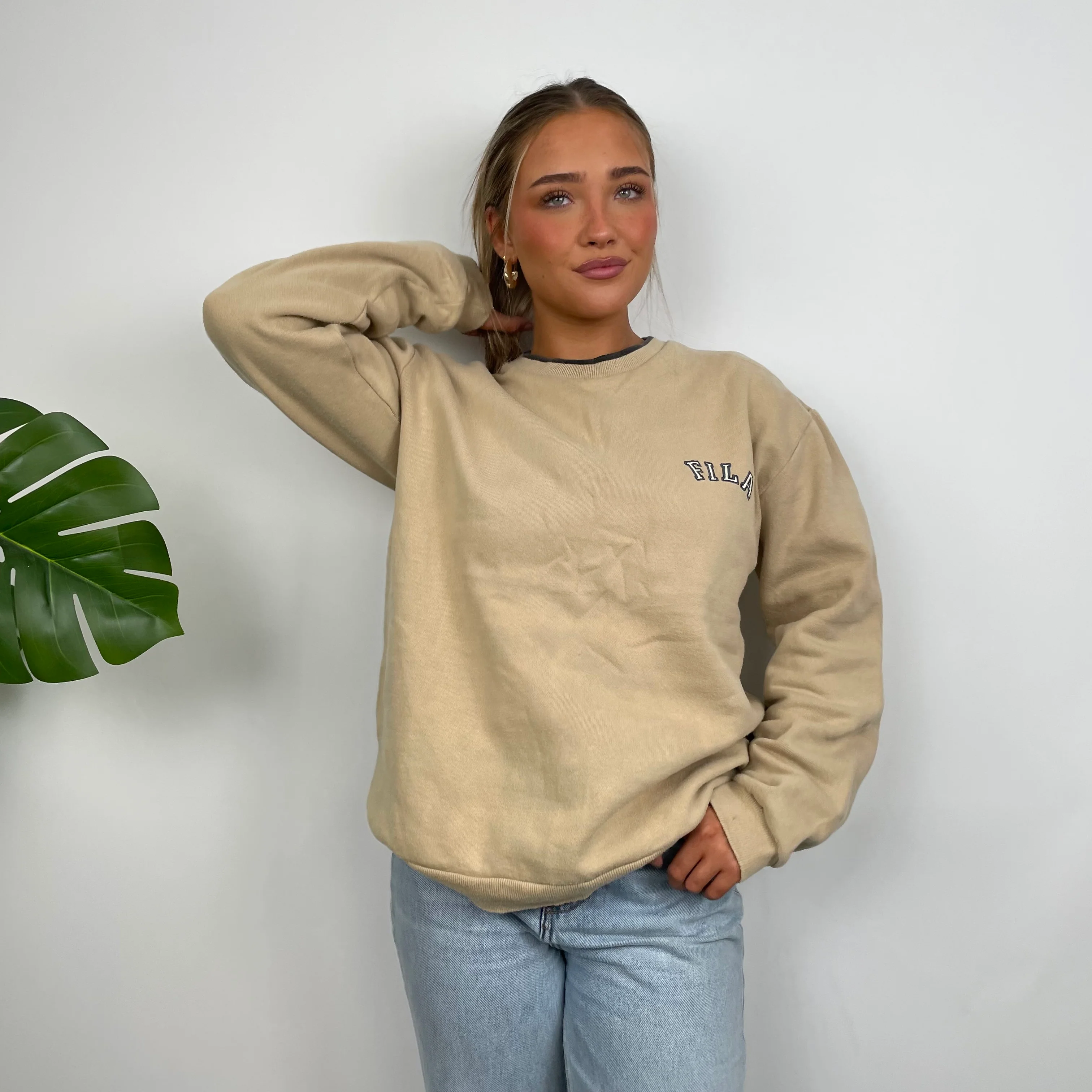 FILA Tan Brown Embroidered Spell Out Sweatshirt (L) - Image 2