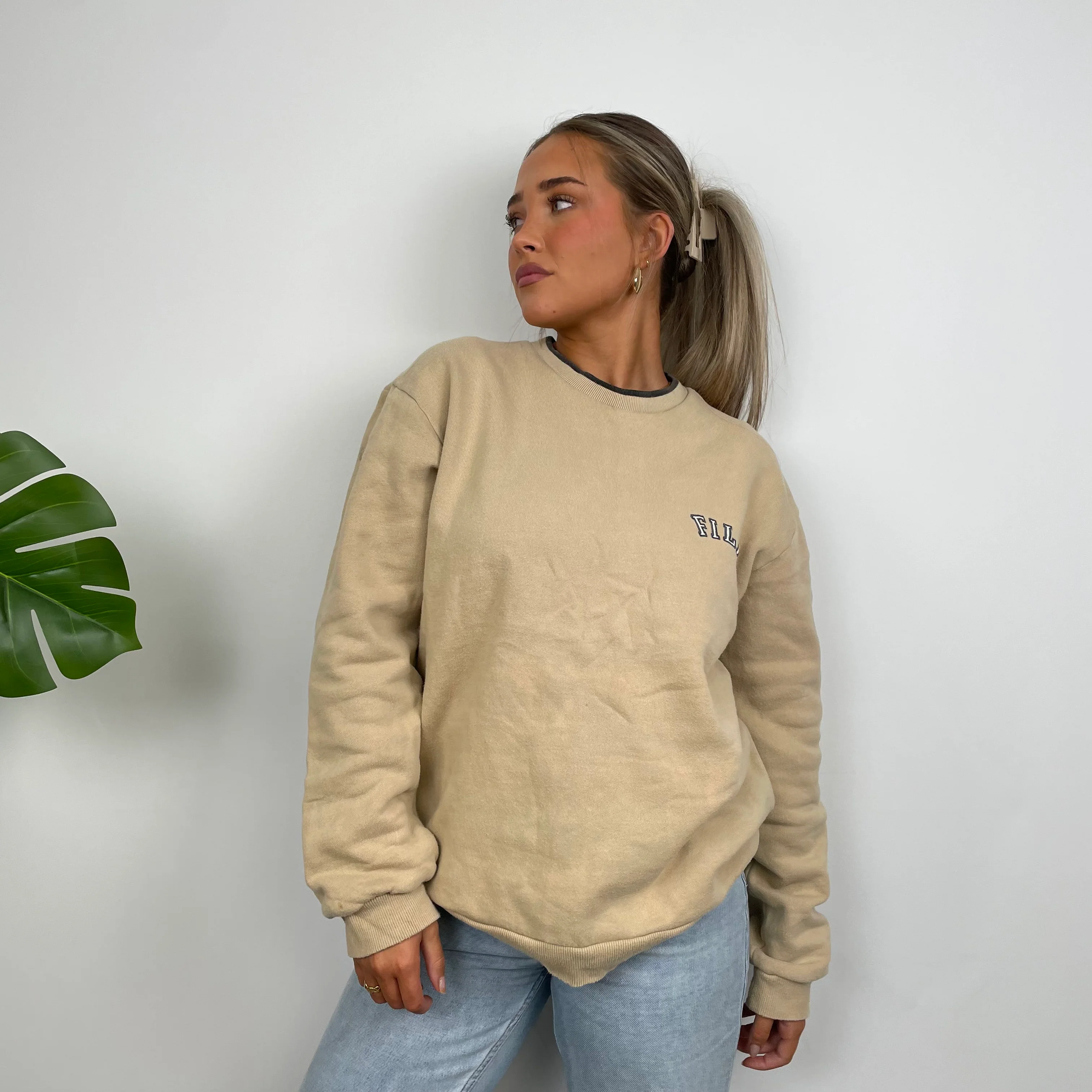 FILA Tan Brown Embroidered Spell Out Sweatshirt (L) - Image 4
