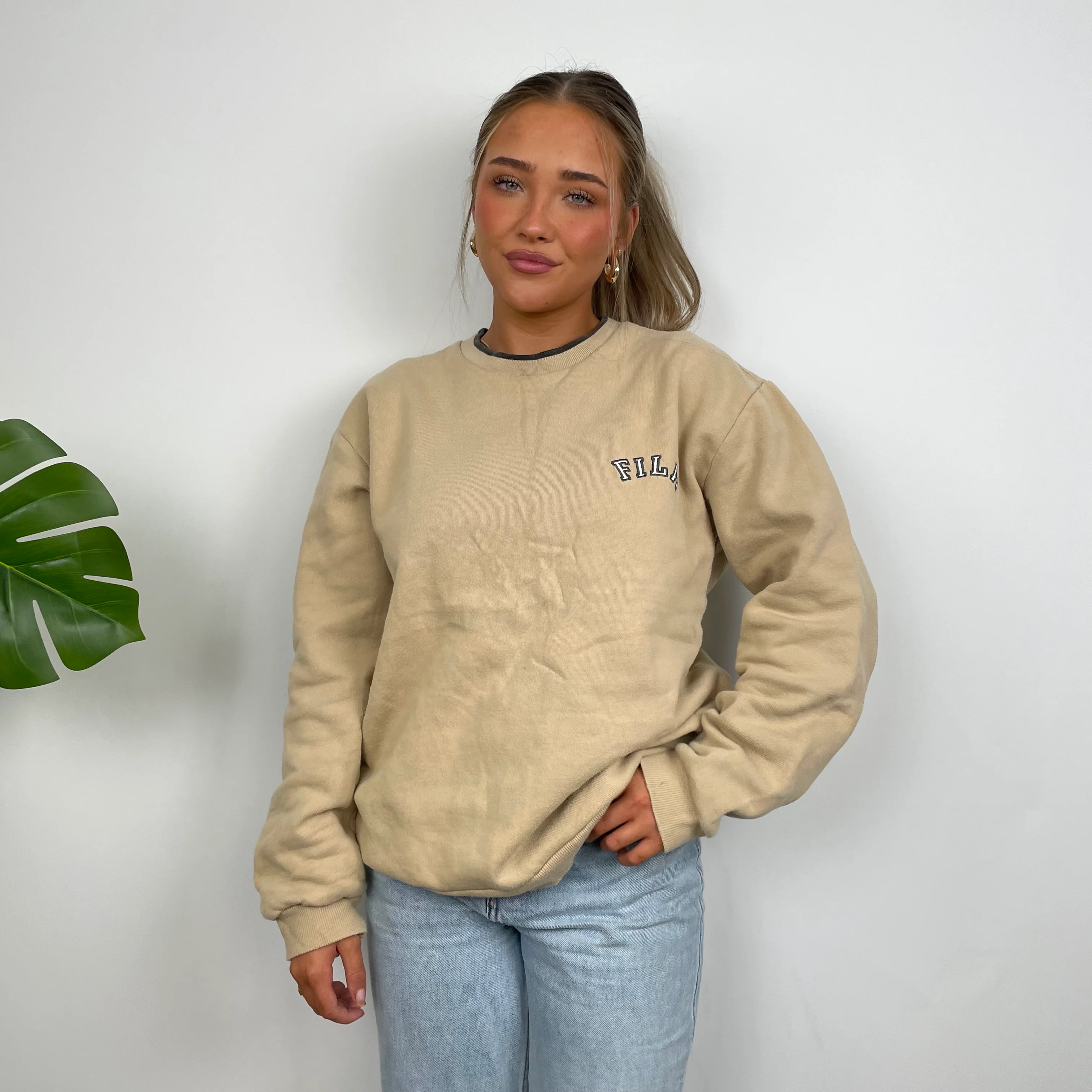 FILA Tan Brown Embroidered Spell Out Sweatshirt (L) - Image 5