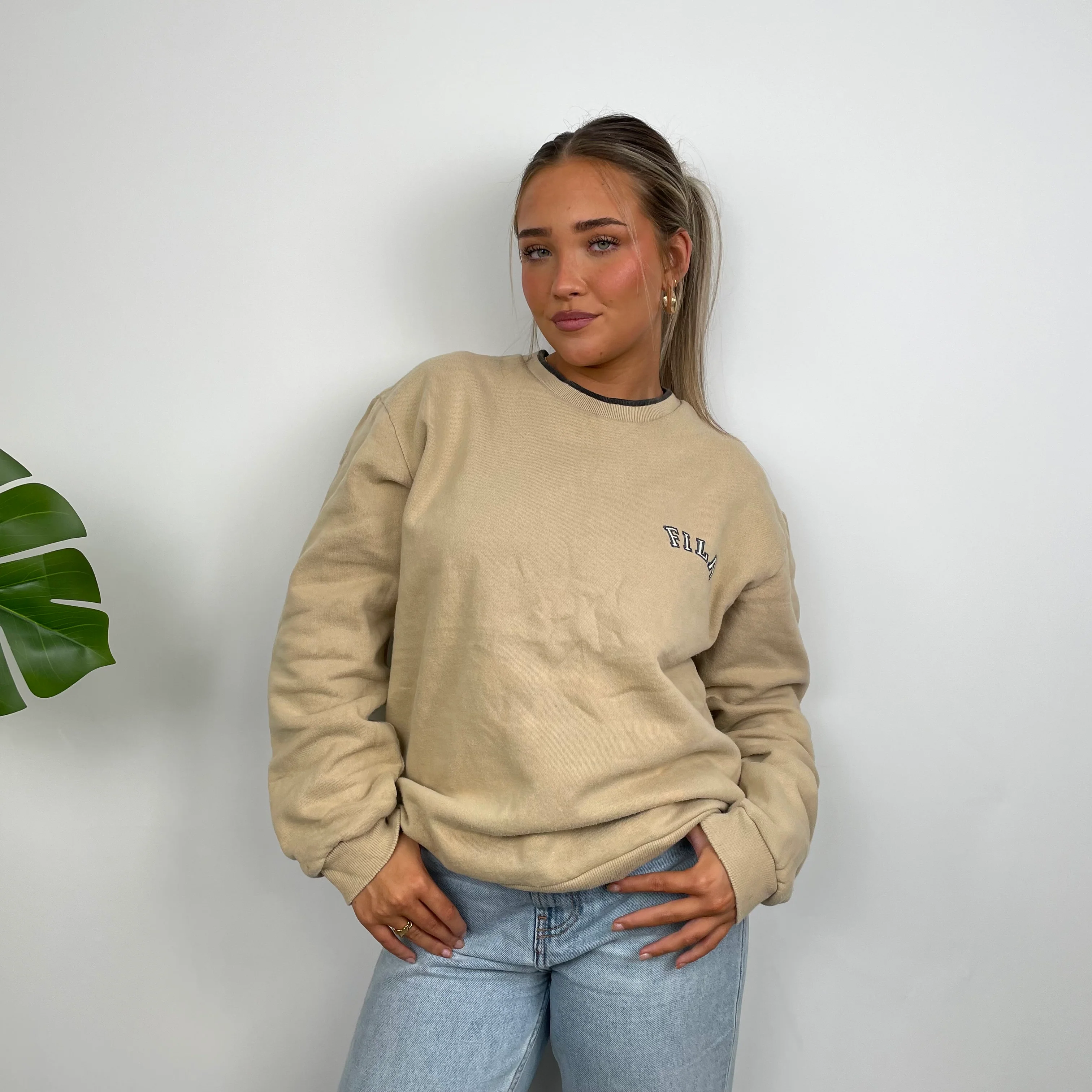 FILA Tan Brown Embroidered Spell Out Sweatshirt (L) - Image 6
