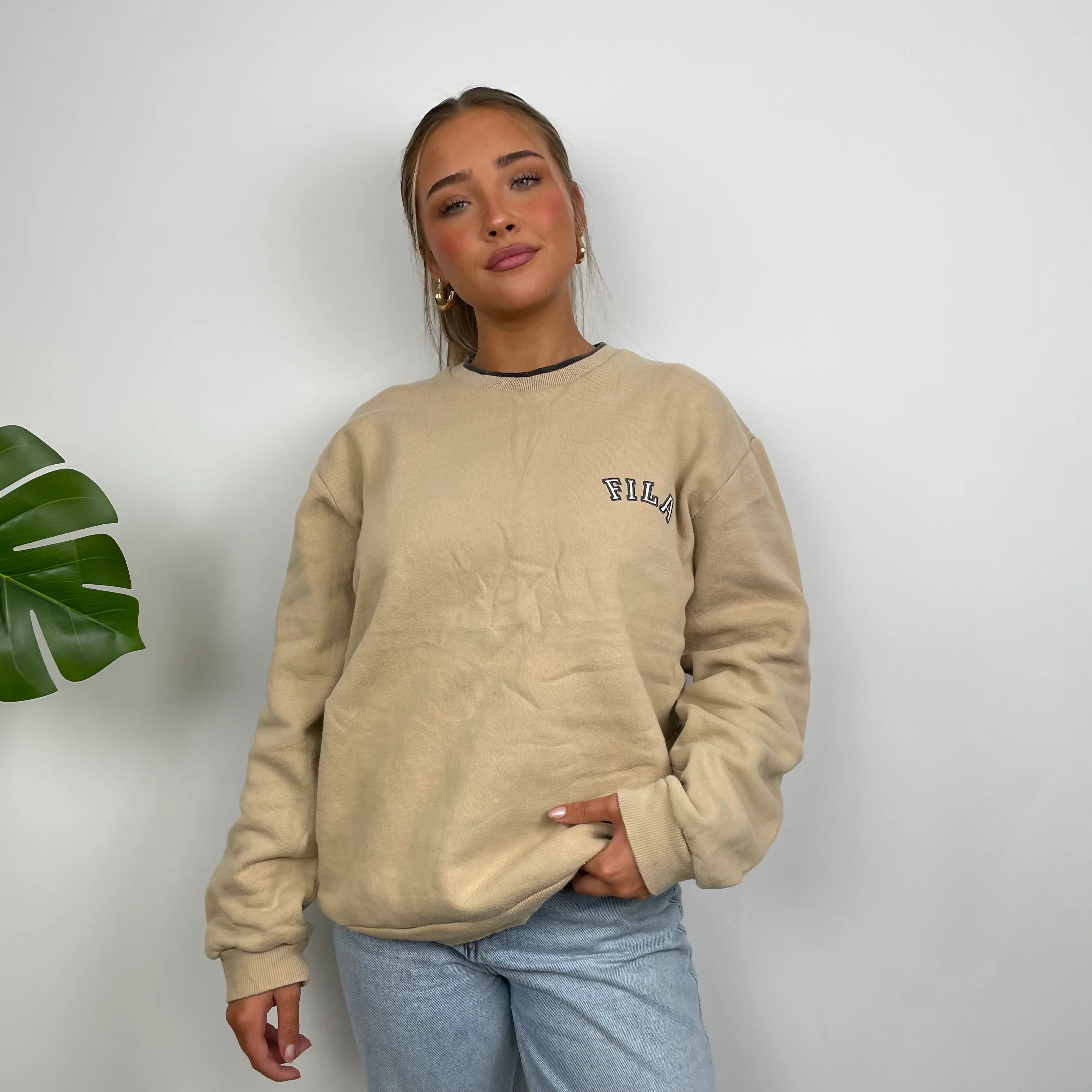 FILA Tan Brown Embroidered Spell Out Sweatshirt (L) - Image 7
