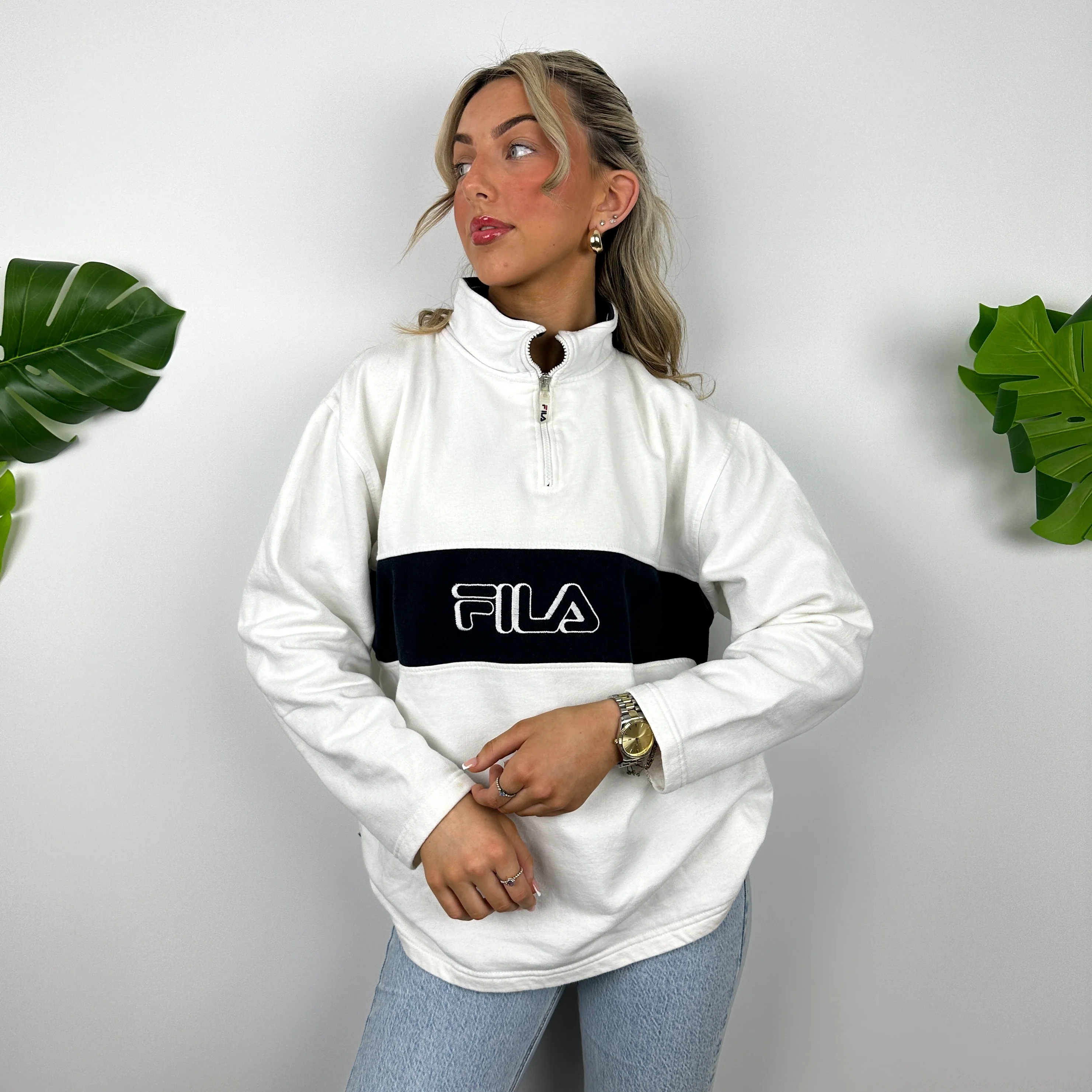FILA White Embroidered Spell Out Quarter Zip Sweatshirt (M) - Image 2