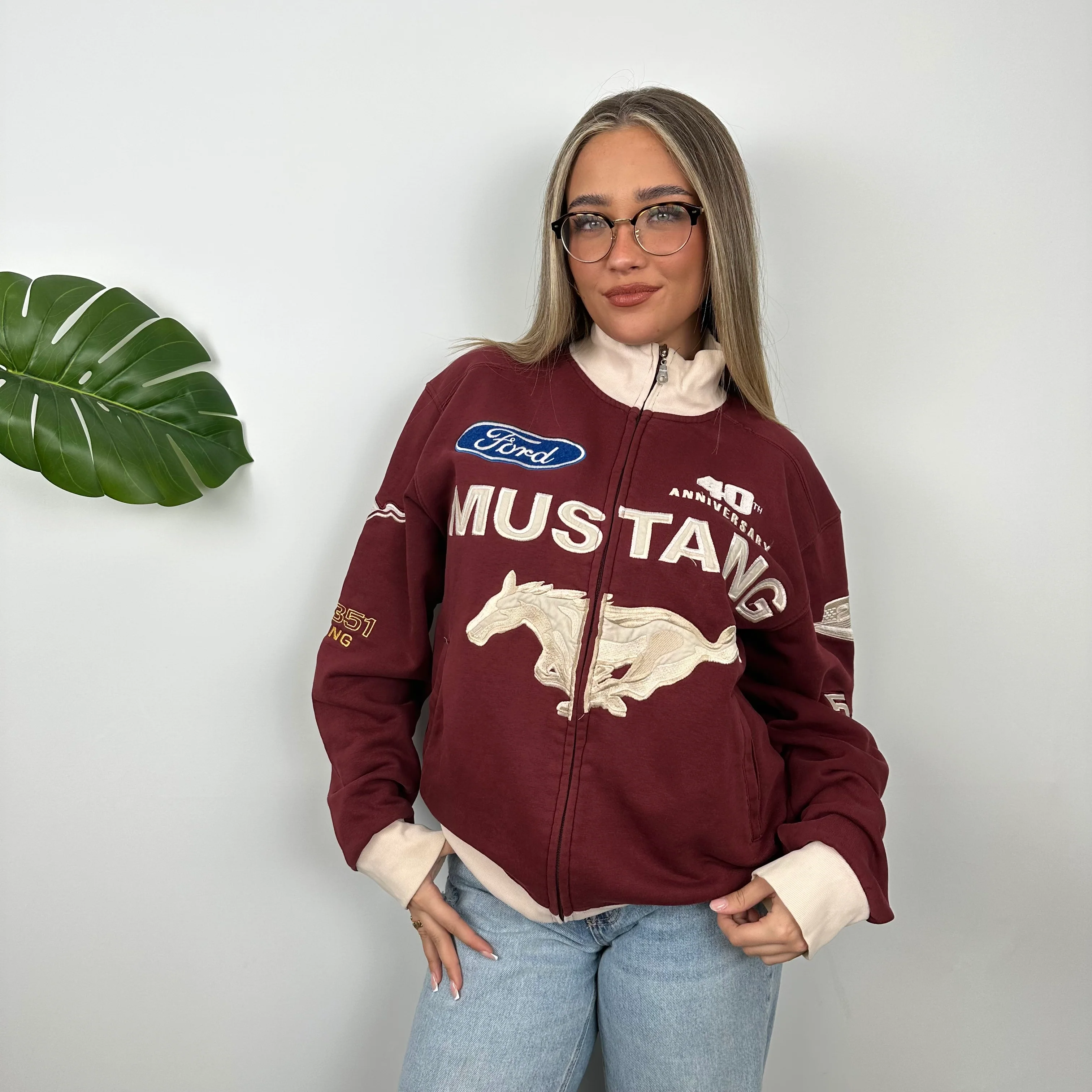 Ford Mustang Racing Maroon Embroidered Spell Out Zip Up Jacket (M)
