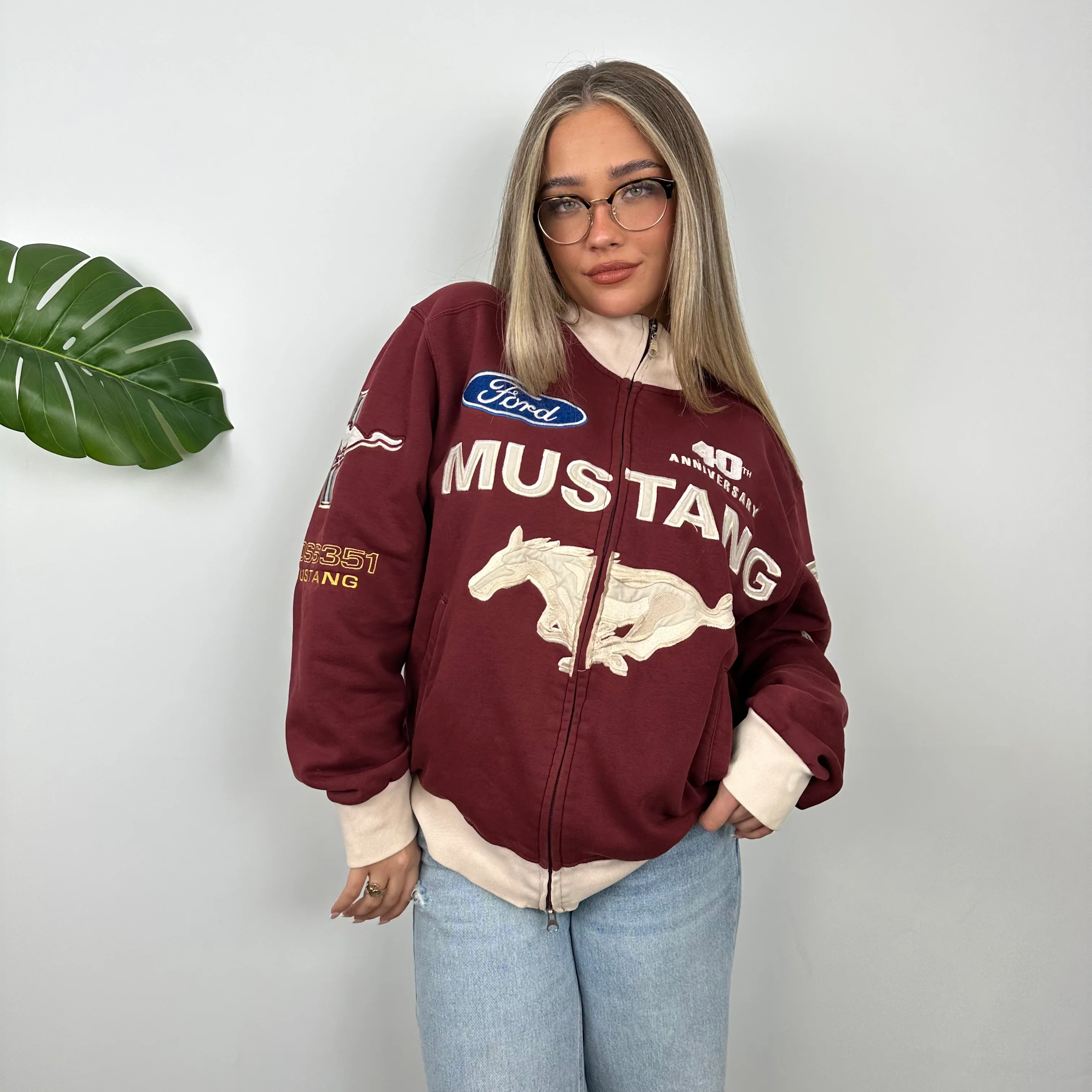 Ford Mustang Racing Maroon Embroidered Spell Out Zip Up Jacket (M) - Image 6