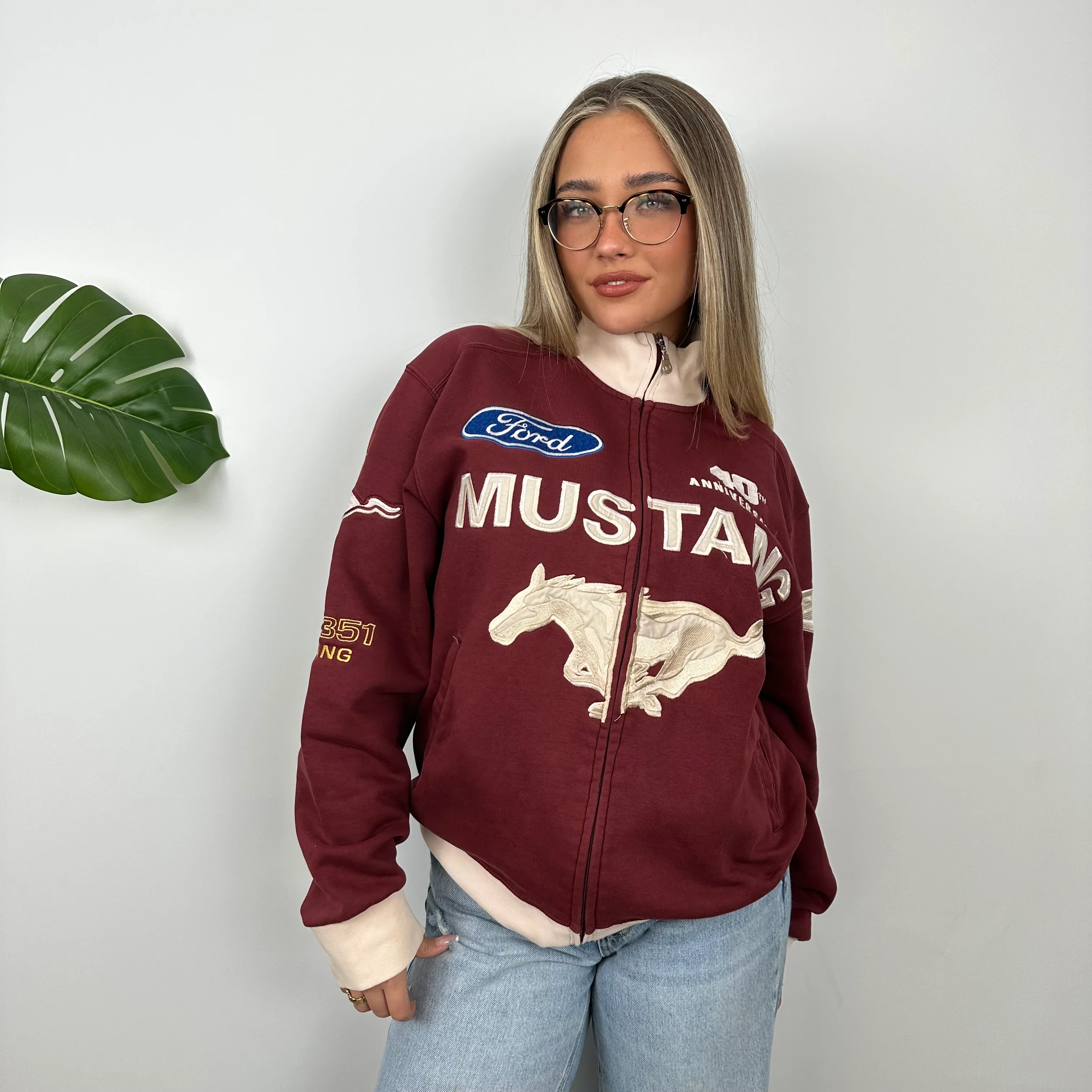 Ford Mustang Racing Maroon Embroidered Spell Out Zip Up Jacket (M) - Image 7